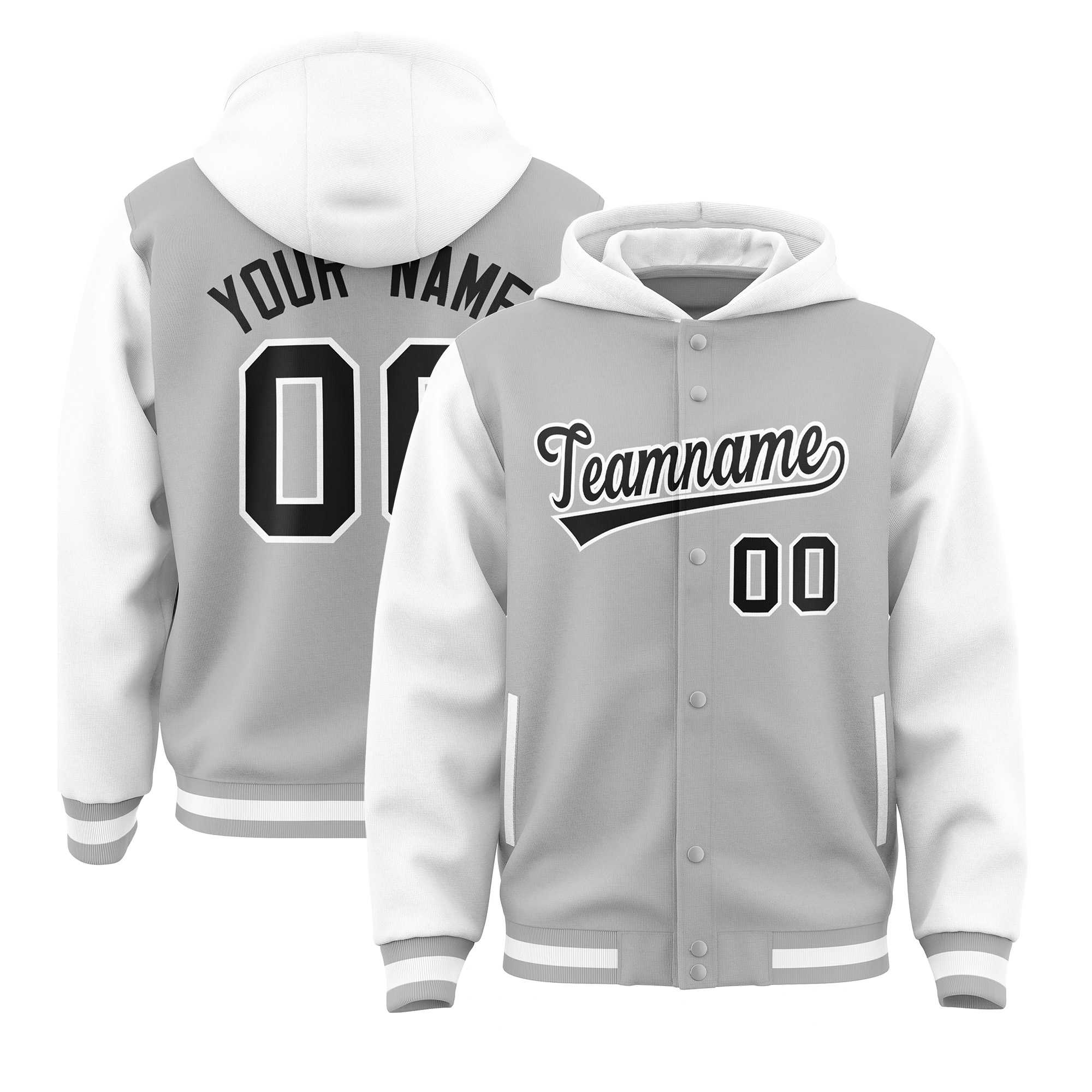 Custom Gray White Raglan Sleeves Varsity Full-Snap Letterman Two Tone Jacket Hoodie| KXKSHOP