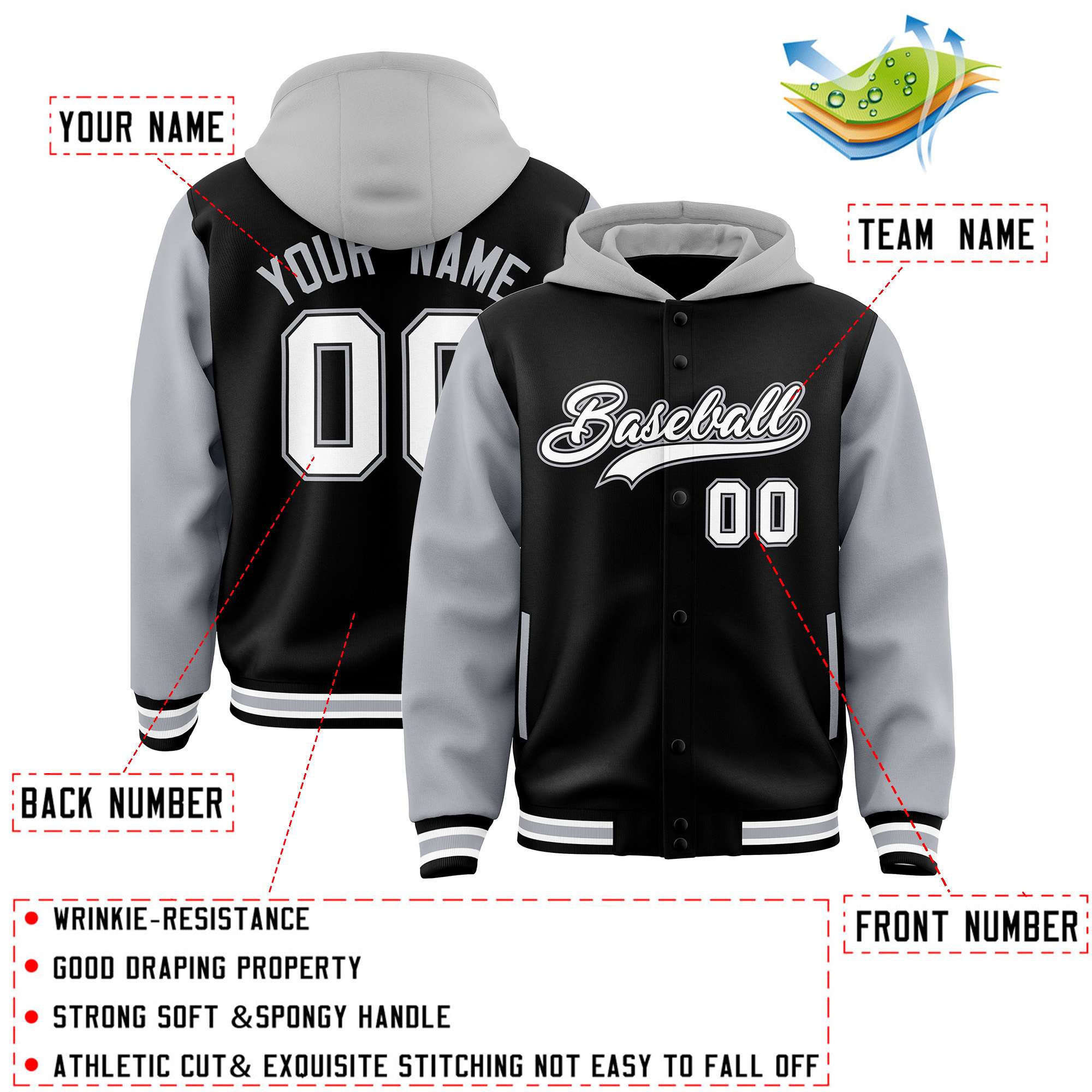Custom Black Gray Raglan Sleeves Varsity Full-Snap Letterman Two Tone Jacket Hoodie| KXKSHOP