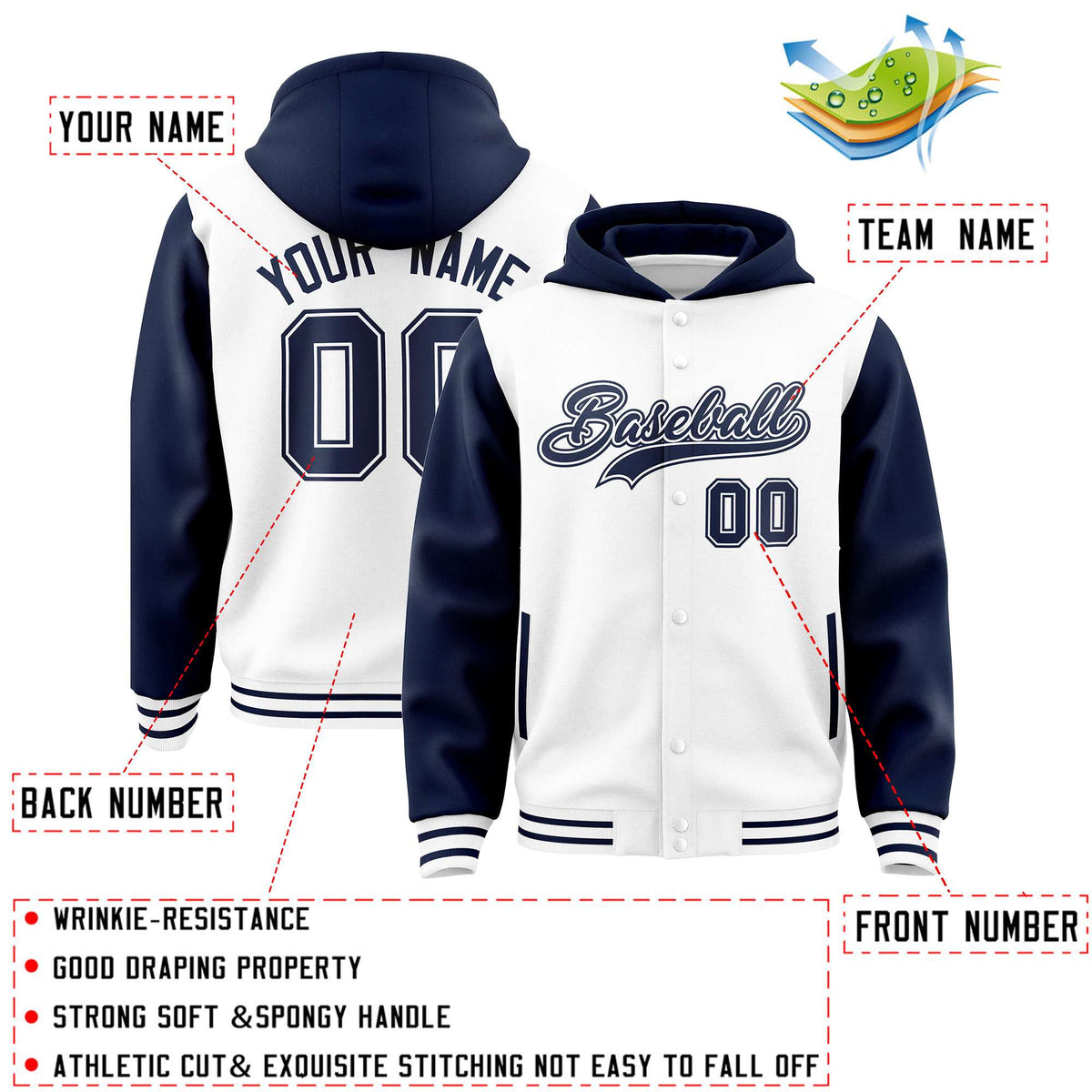 Custom White Navy Raglan Sleeves Varsity Full-Snap Letterman Two Tone Jacket Hoodie| KXKSHOP