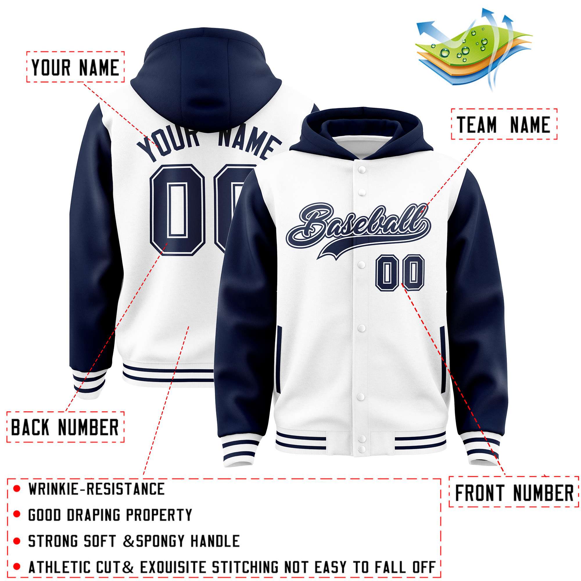 Custom White Navy Raglan Sleeves Varsity Full-Snap Letterman Two Tone Jacket Hoodie| KXKSHOP