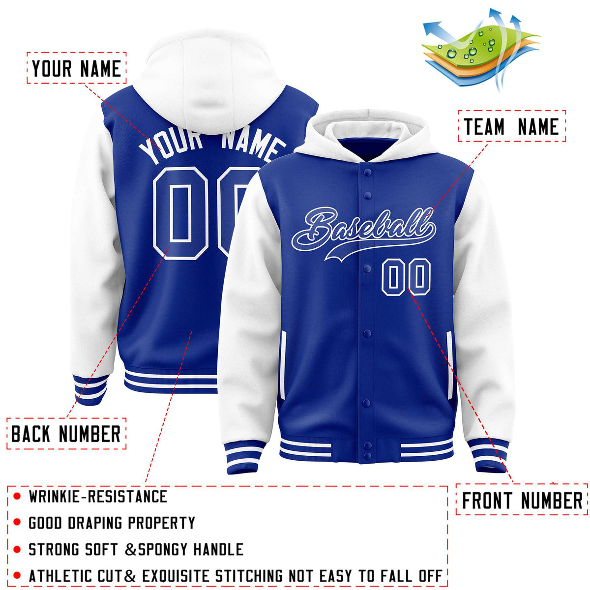 Custom Royal White Raglan Sleeves Varsity Full-Snap Letterman Two Tone Jacket Hoodie| KXKSHOP