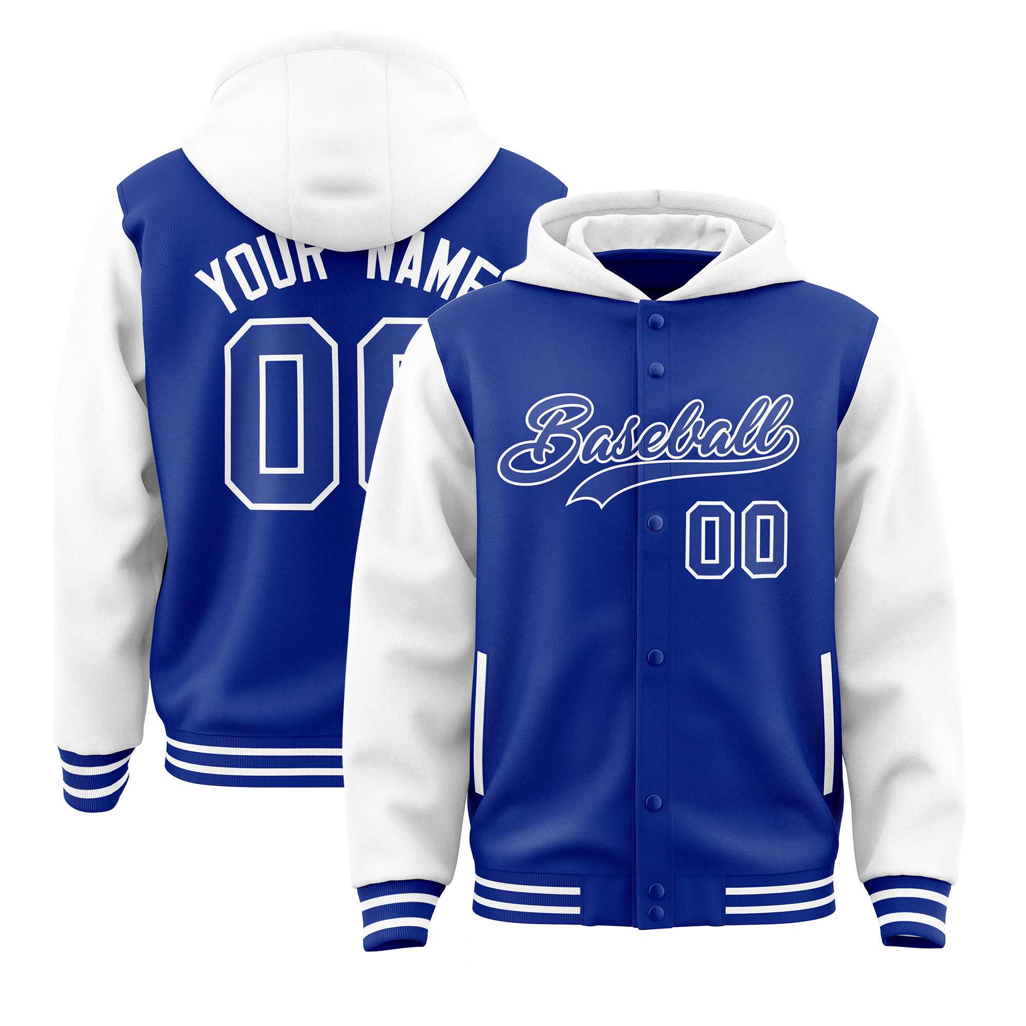 Custom Royal White Raglan Sleeves Varsity Full-Snap Letterman Two Tone Jacket Hoodie| KXKSHOP