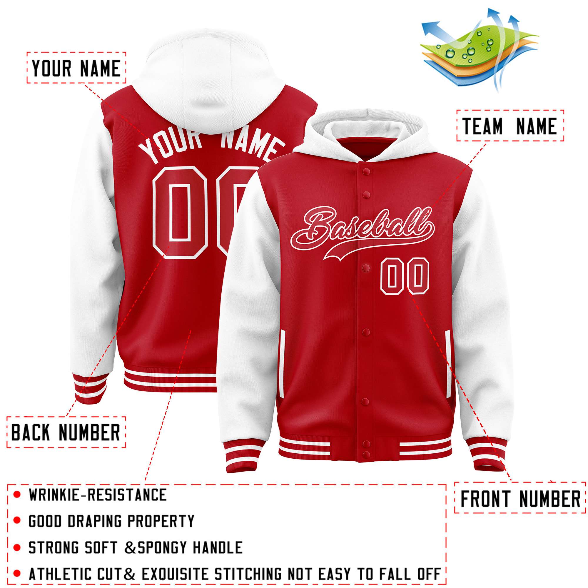 Custom Red White Raglan Sleeves Varsity Full-Snap Letterman Two Tone Jacket Hoodie| KXKSHOP