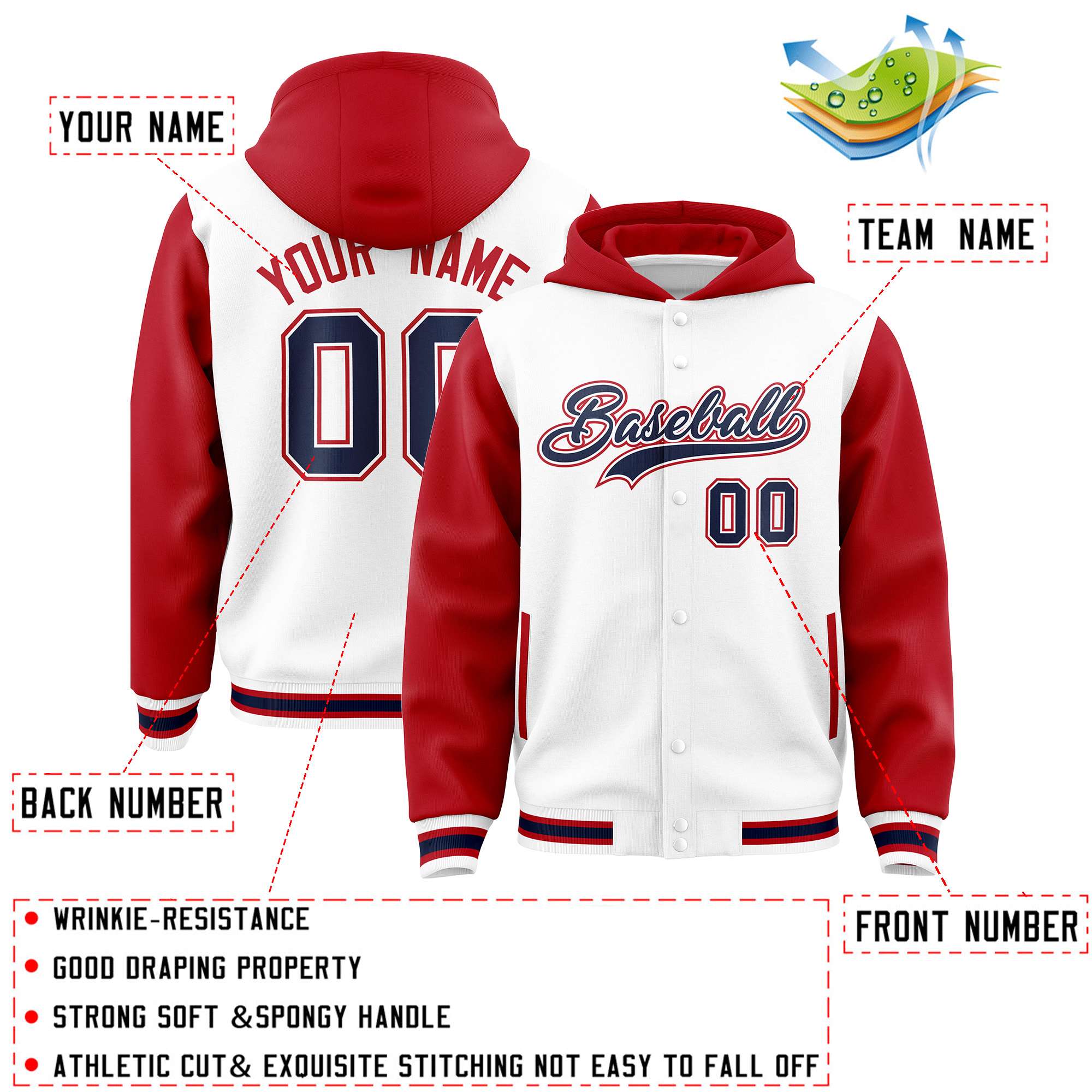 Custom White Red Raglan Sleeves Varsity Full-Snap Letterman Two Tone Jacket Hoodie| KXKSHOP