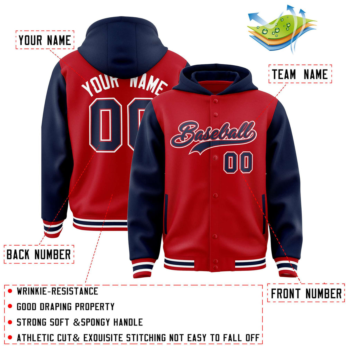 Custom Red Navy Raglan Sleeves Varsity Full-Snap Letterman Two Tone Jacket Hoodie| KXKSHOP