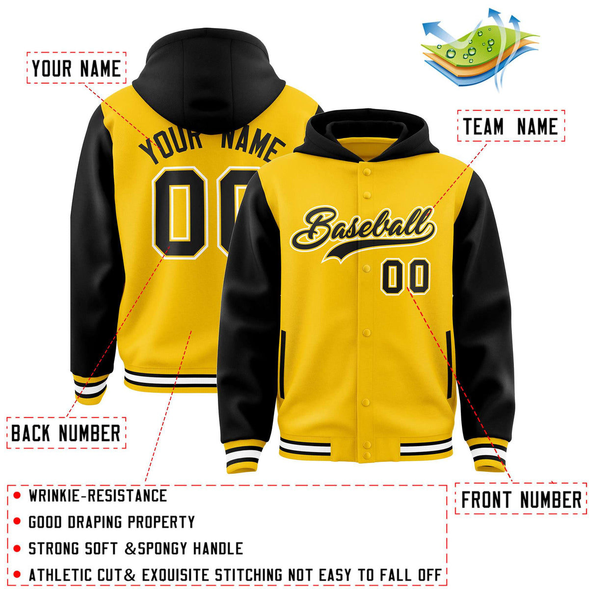 Custom Gold Black Raglan Sleeves Varsity Full-Snap Letterman Two Tone Jacket Hoodie| KXKSHOP