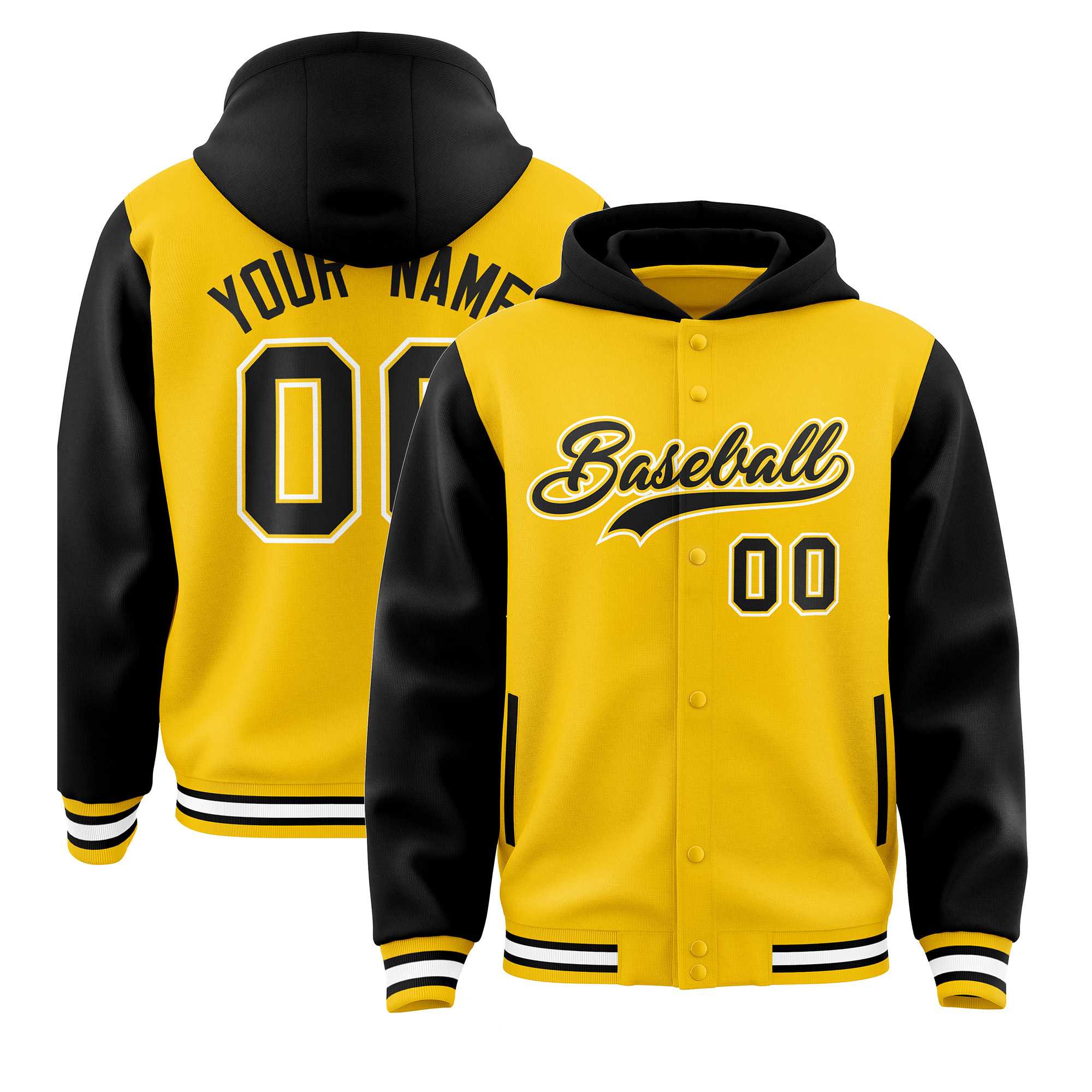 Custom Gold Black Raglan Sleeves Varsity Full-Snap Letterman Two Tone Jacket Hoodie| KXKSHOP
