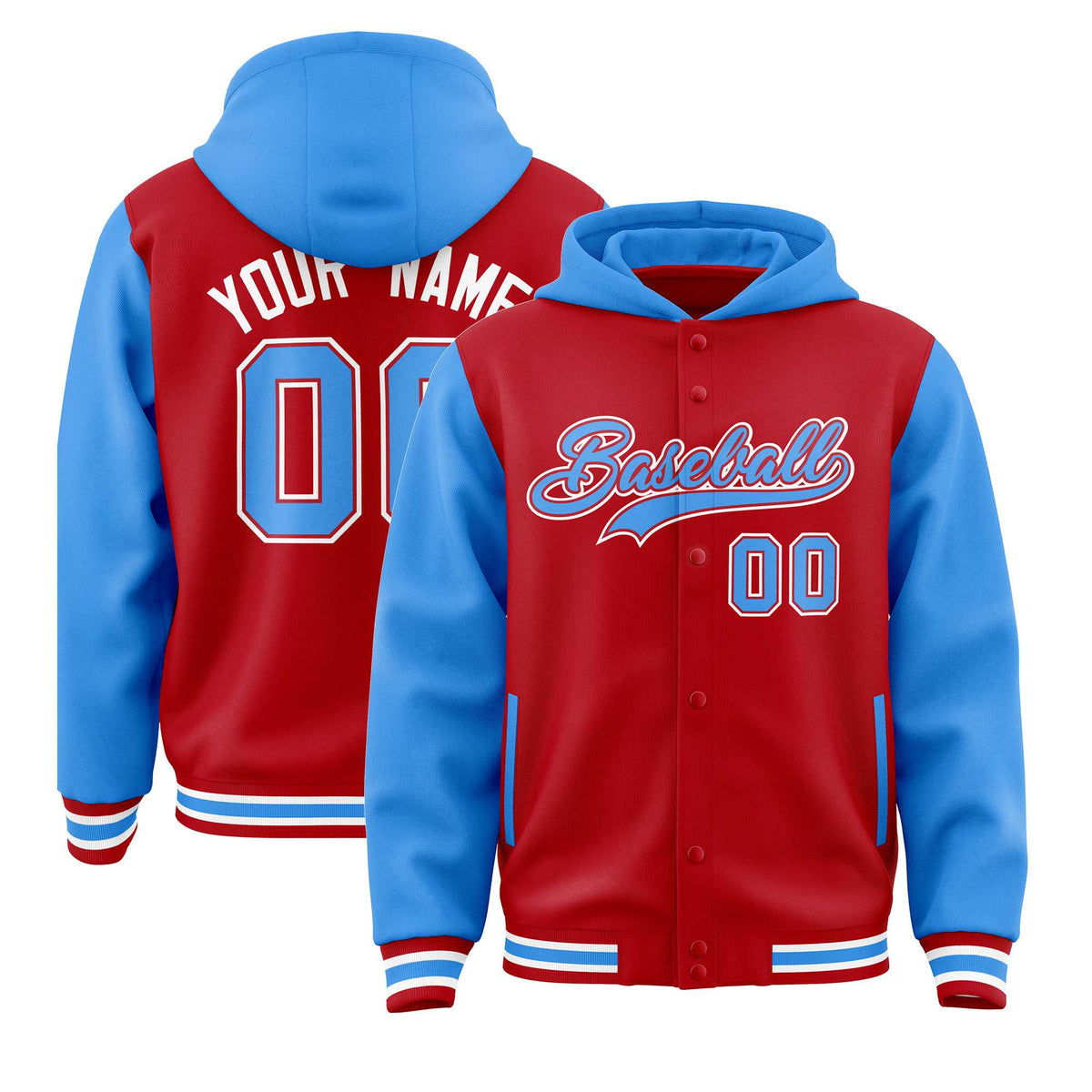 Custom Red Powder Blue Raglan Sleeves Varsity Full-Snap Letterman Two Tone Jacket Hoodie| KXKSHOP