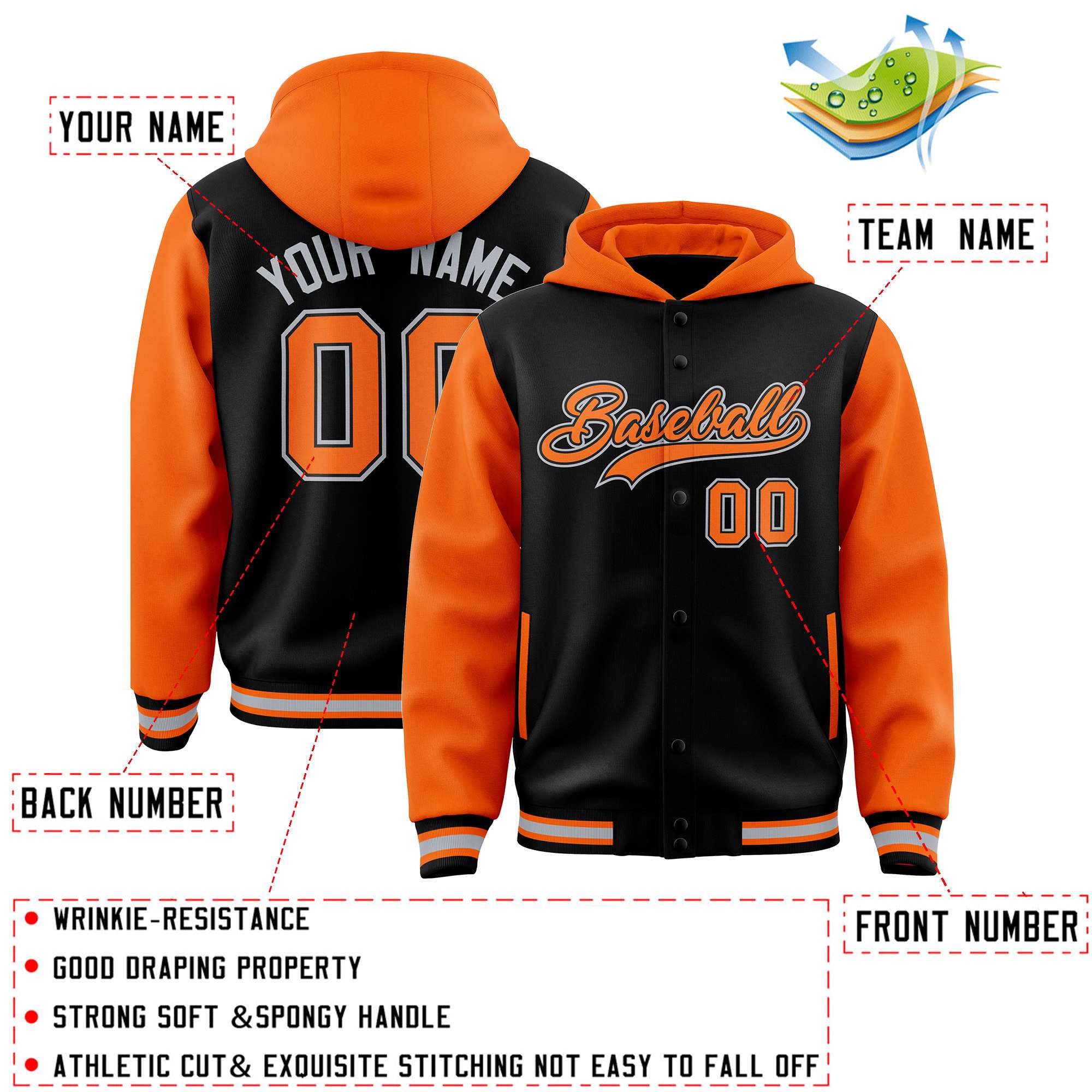 Custom Black Orange Raglan Sleeves Varsity Full-Snap Letterman Two Tone Jacket Hoodie| KXKSHOP
