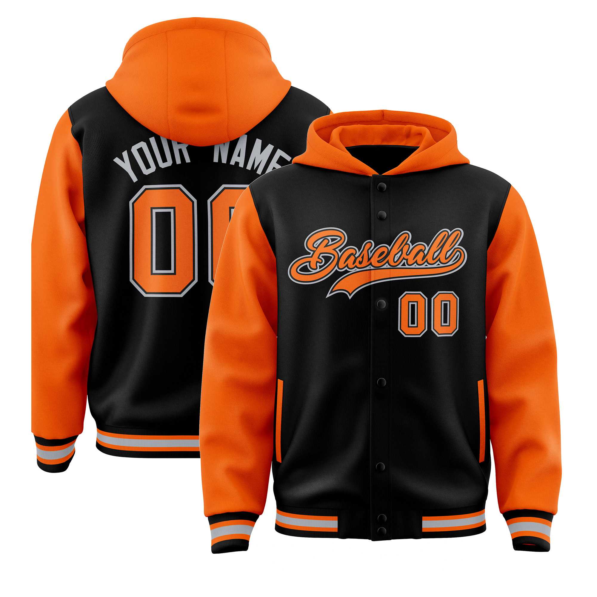 Custom Black Orange Raglan Sleeves Varsity Full-Snap Letterman Two Tone Jacket Hoodie| KXKSHOP