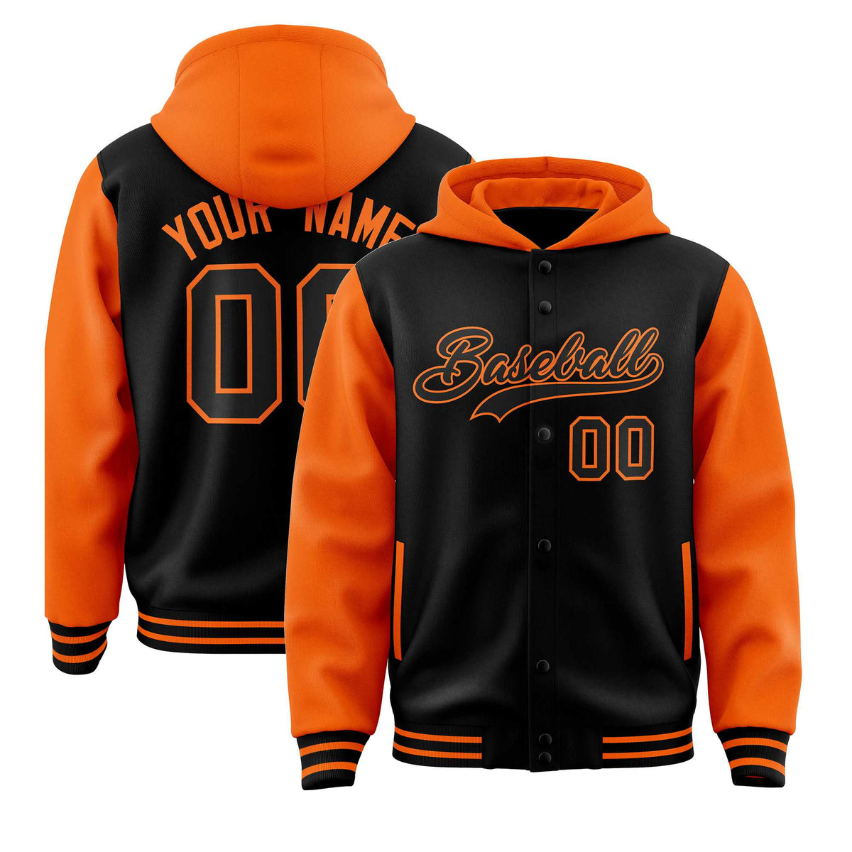 Custom Black Orange Raglan Sleeves Varsity Full-Snap Letterman Two Tone Jacket Hoodie| KXKSHOP
