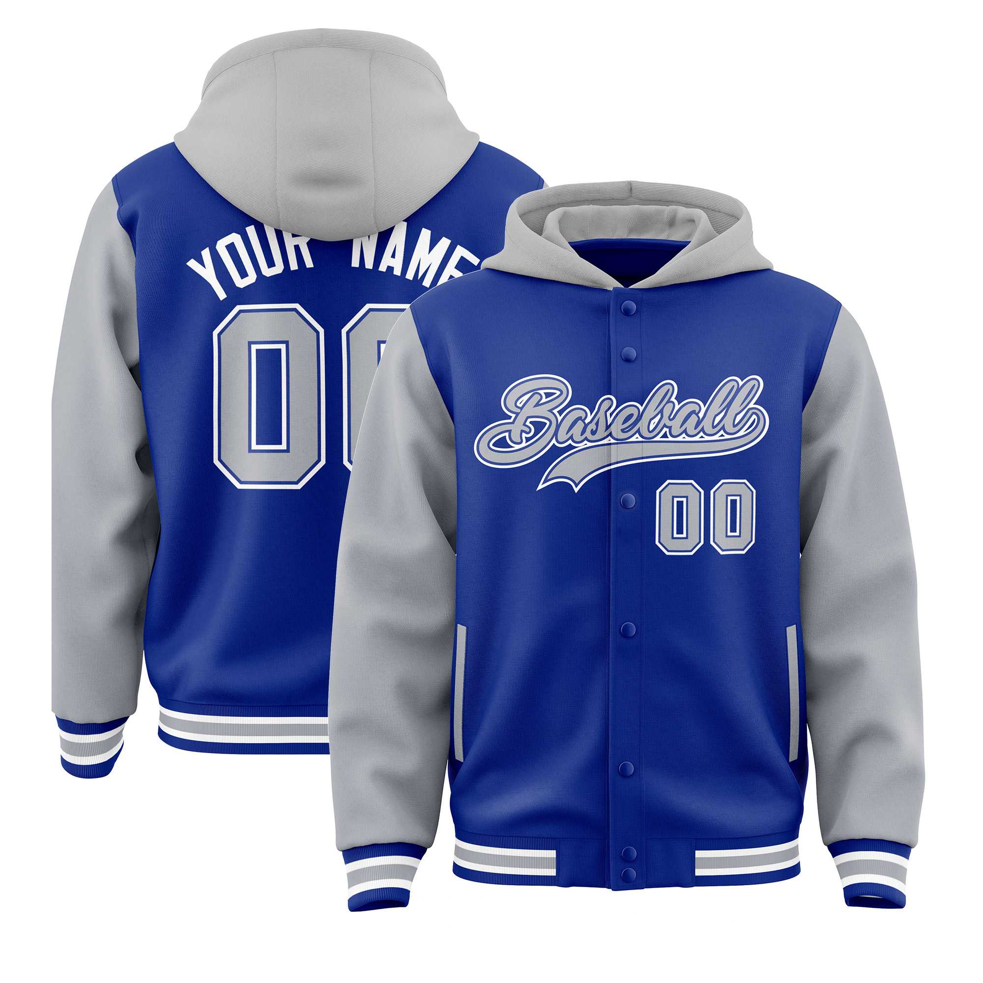Custom Royal Gray Raglan Sleeves Varsity Full-Snap Letterman Two Tone Jacket Hoodie| KXKSHOP