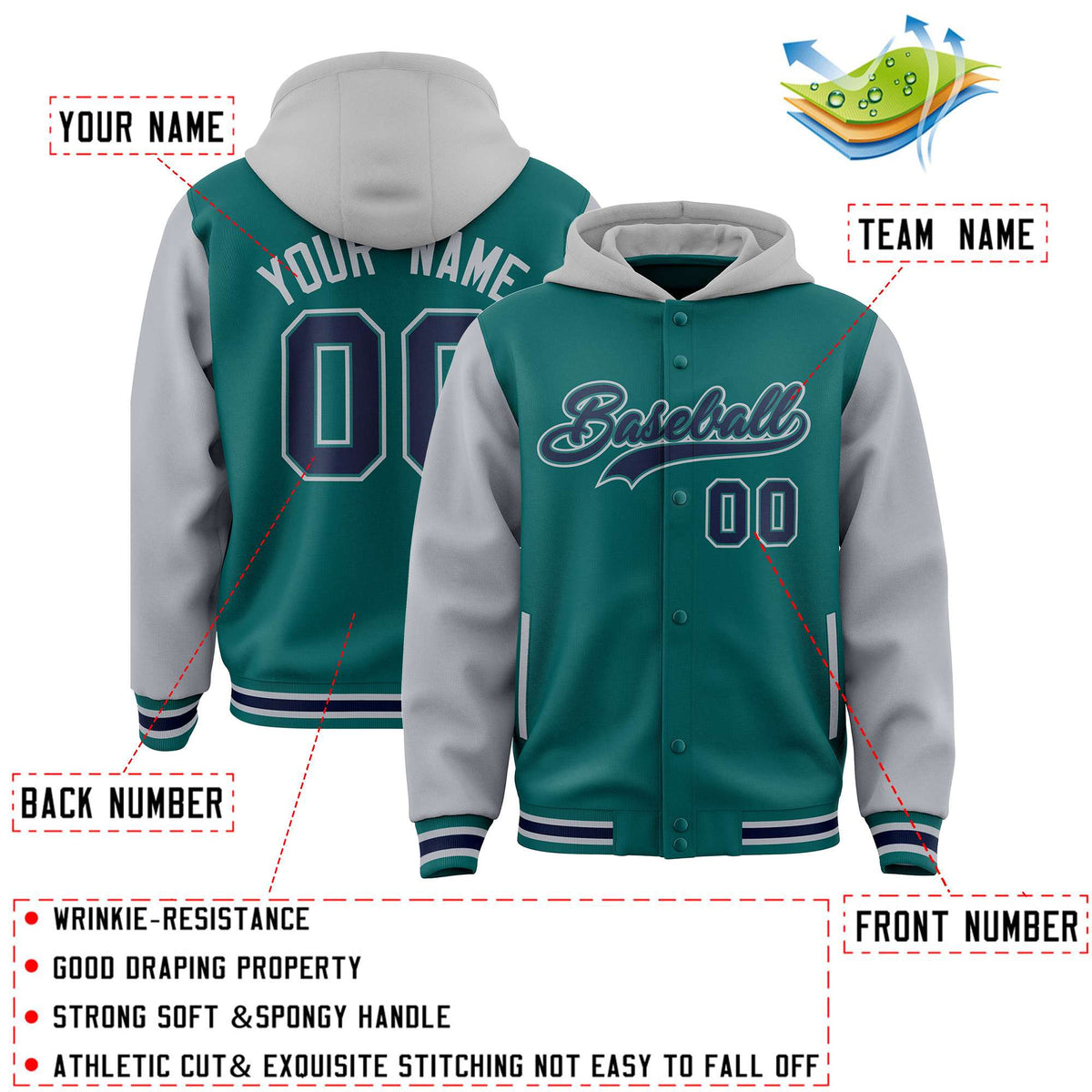 Custom Aqua Gray Raglan Sleeves Varsity Full-Snap Letterman Two Tone Jacket Hoodie| KXKSHOP