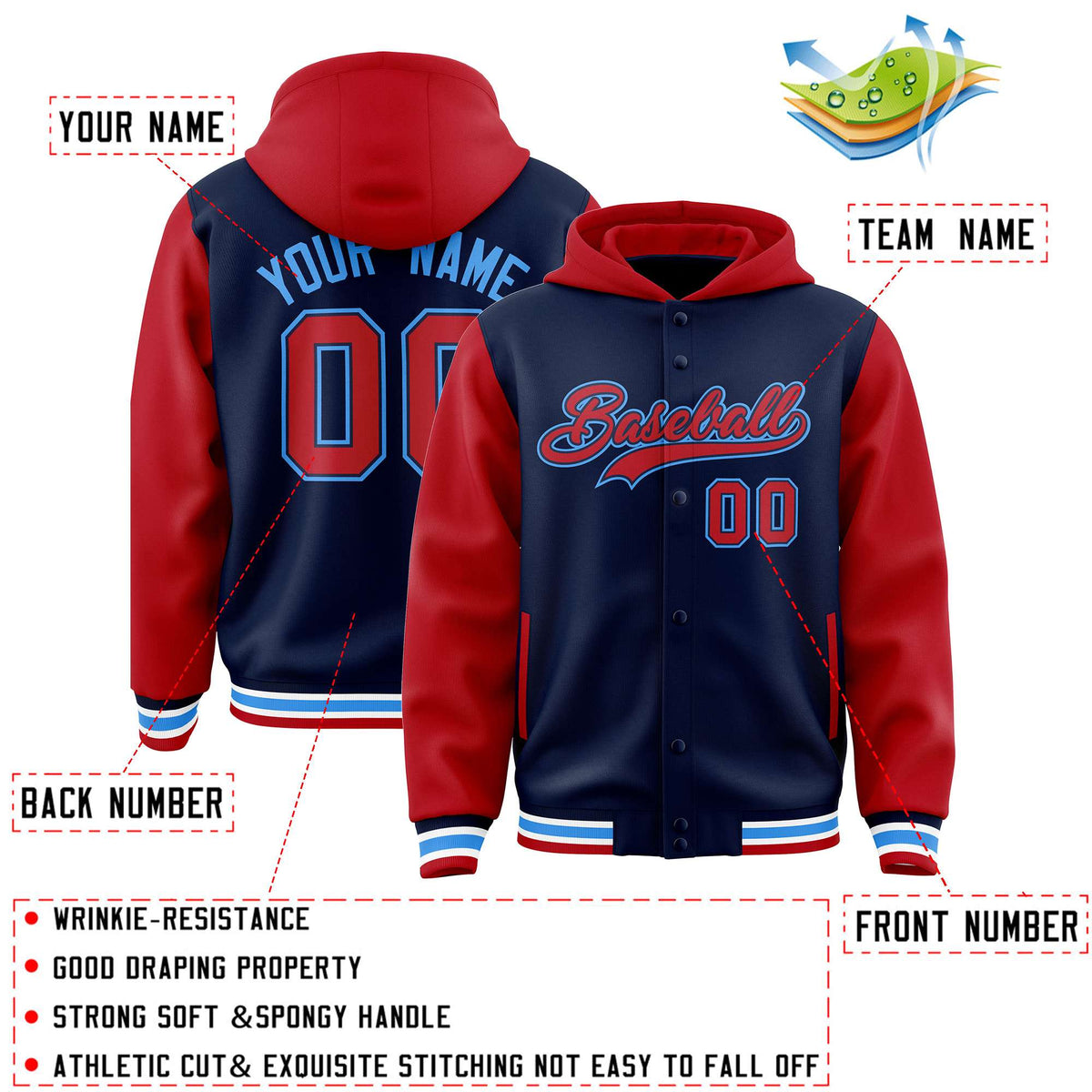 Custom Navy Red Raglan Sleeves Varsity Full-Snap Letterman Two Tone Jacket Hoodie| KXKSHOP