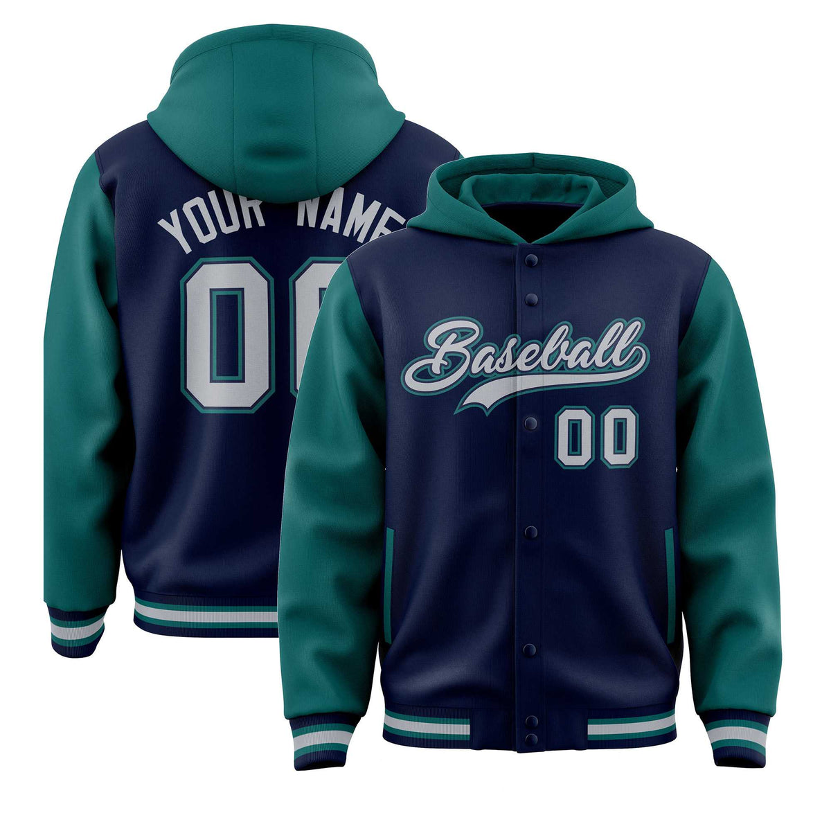 Custom Navy Aqua Raglan Sleeves Varsity Full-Snap Letterman Two Tone Jacket Hoodie| KXKSHOP
