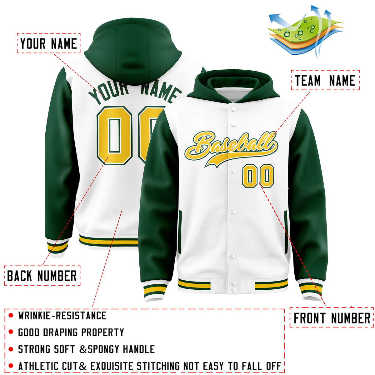 Custom White Green Raglan Sleeves Varsity Full-Snap Letterman Two Tone Jacket Hoodie| KXKSHOP