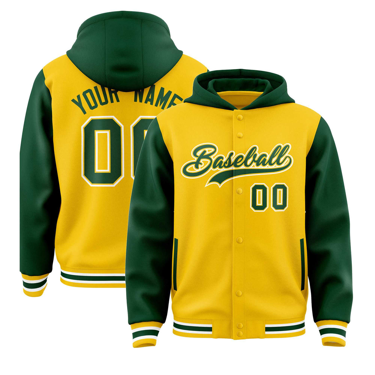 Custom Gold Green Raglan Sleeves Varsity Full-Snap Letterman Two Tone Jacket Hoodie| KXKSHOP
