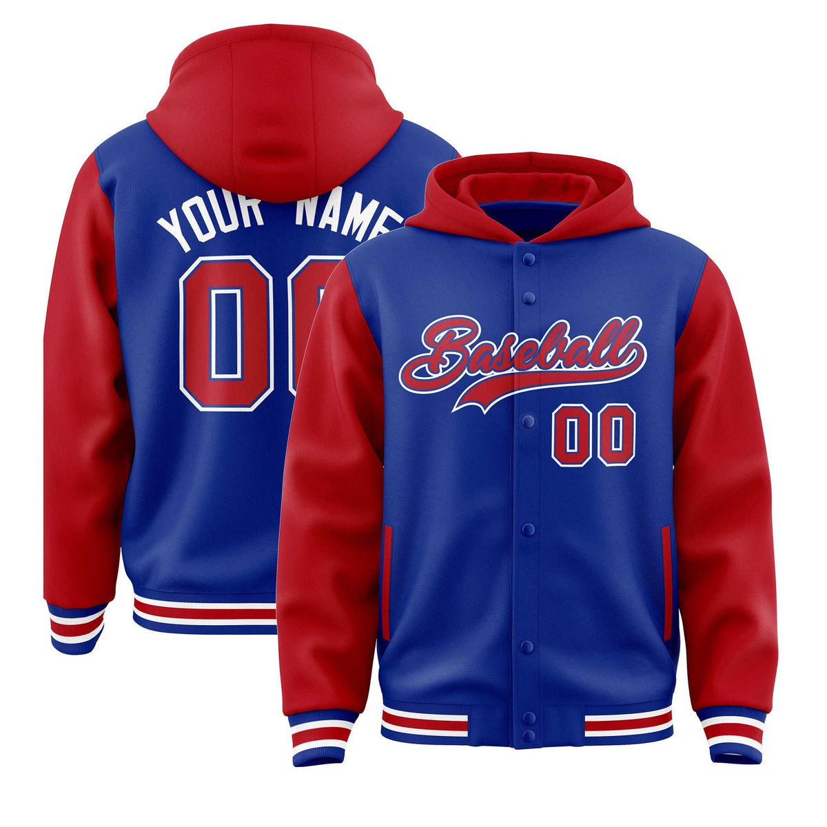 Custom Royal Red Raglan Sleeves Varsity Full-Snap Letterman Two Tone Jacket Hoodie| KXKSHOP