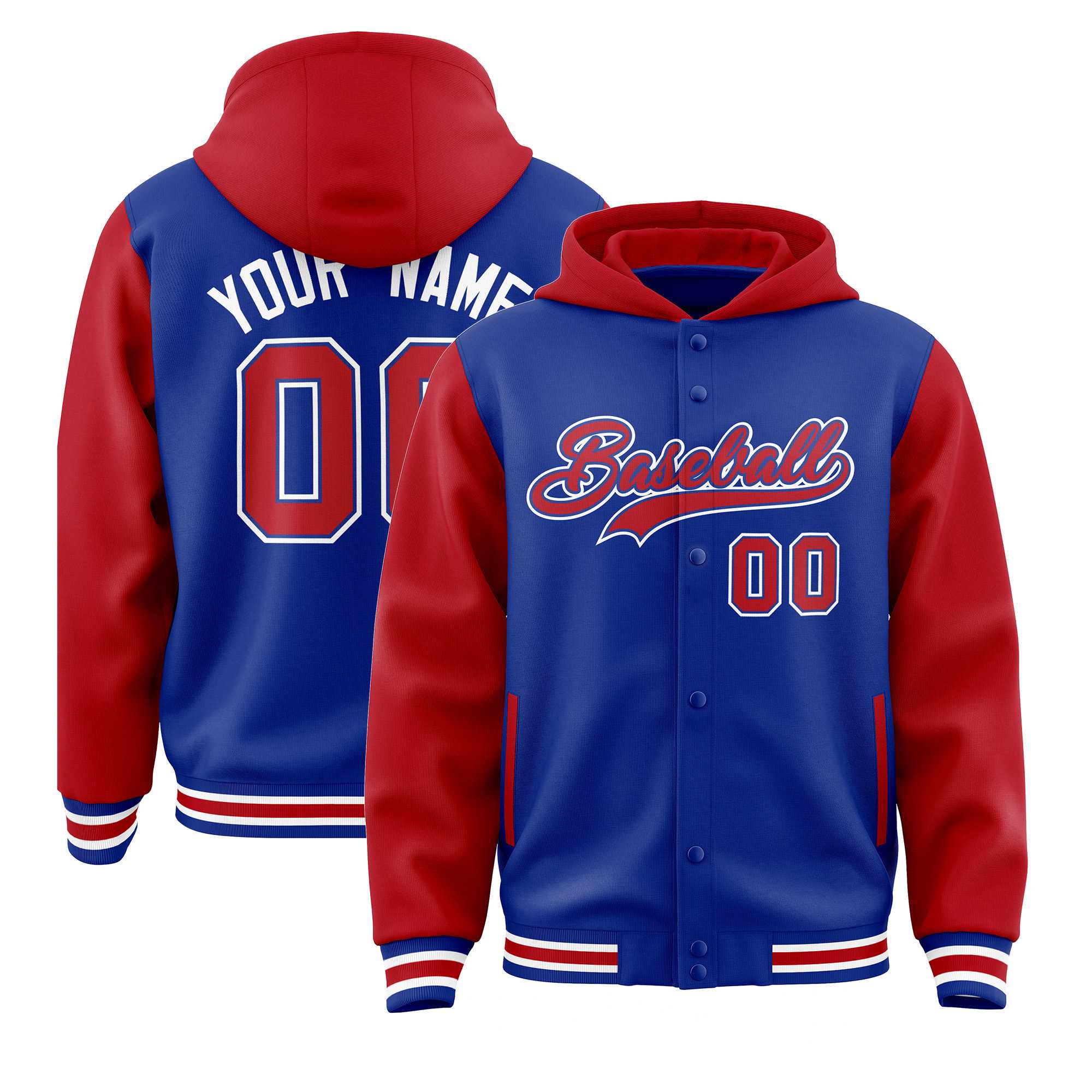 Custom Royal Red Raglan Sleeves Varsity Full-Snap Letterman Two Tone Jacket Hoodie| KXKSHOP