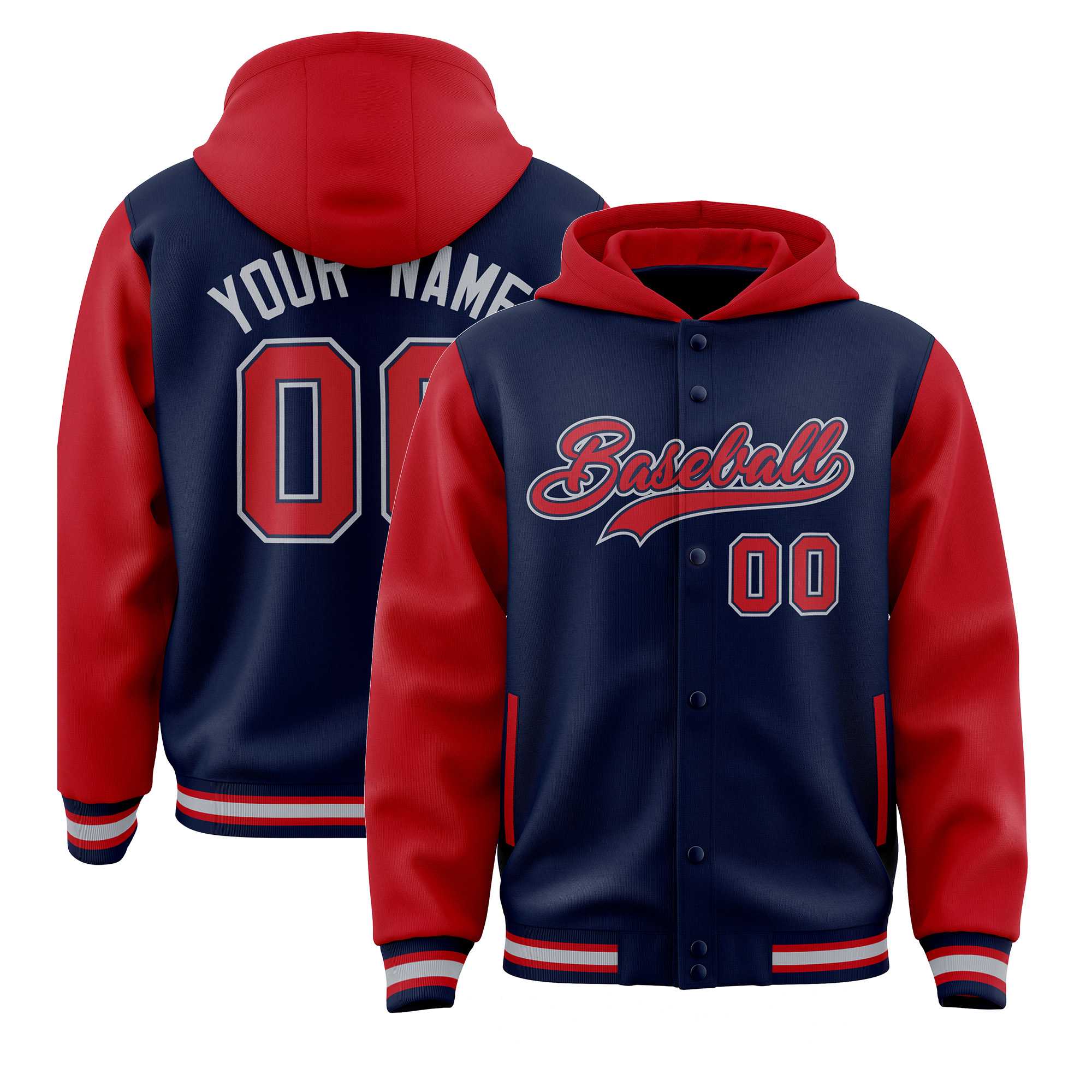 Custom Navy Red Raglan Sleeves Varsity Full-Snap Letterman Two Tone Jacket Hoodie| KXKSHOP