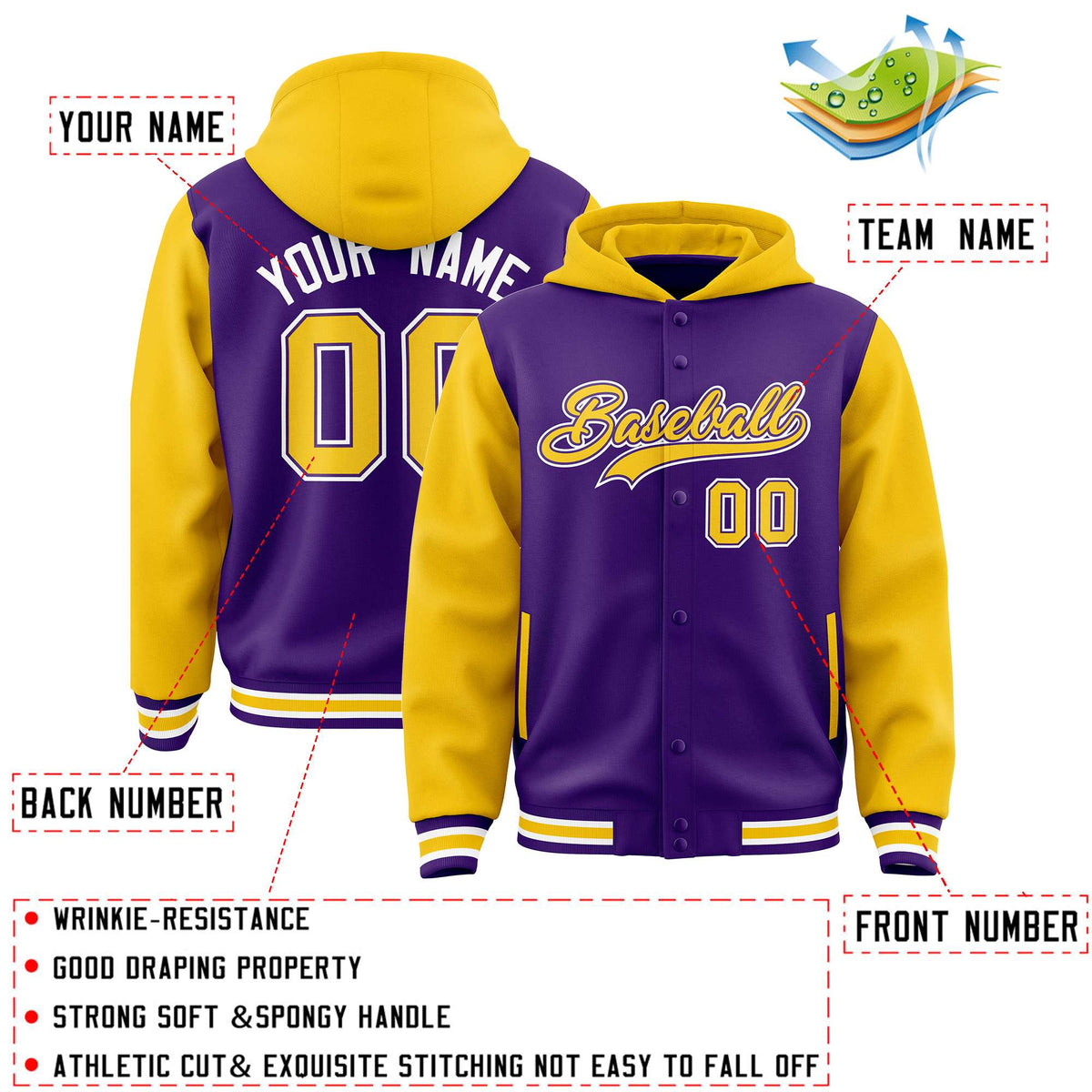 Custom Purple Gold Raglan Sleeves Varsity Full-Snap Letterman Two Tone Jacket Hoodie| KXKSHOP