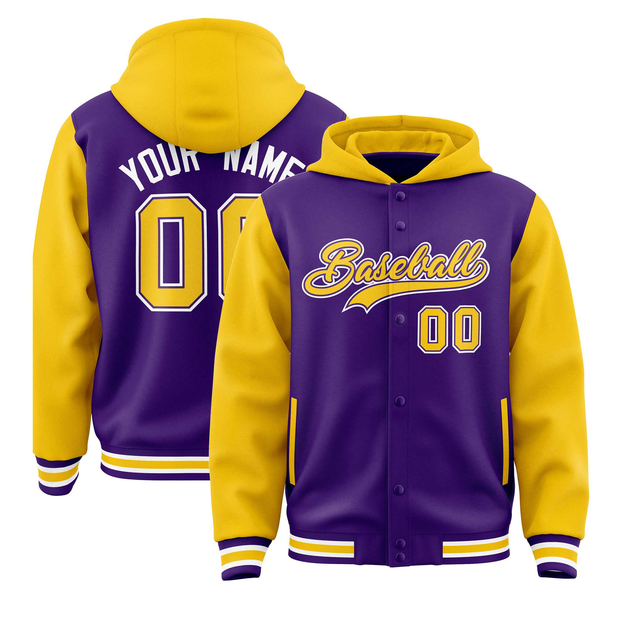 Custom Purple Gold Raglan Sleeves Varsity Full-Snap Letterman Two Tone Jacket Hoodie| KXKSHOP