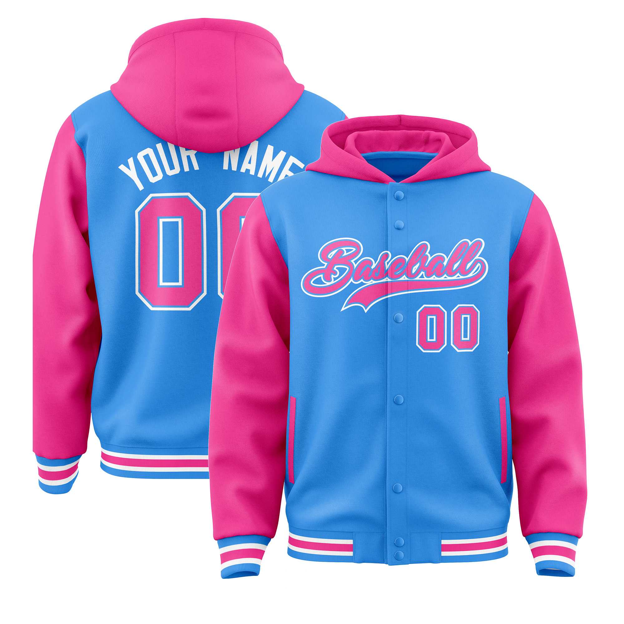 Custom Powder Blue Pink Raglan Sleeves Varsity Full-Snap Letterman Two Tone Jacket Hoodie| KXKSHOP