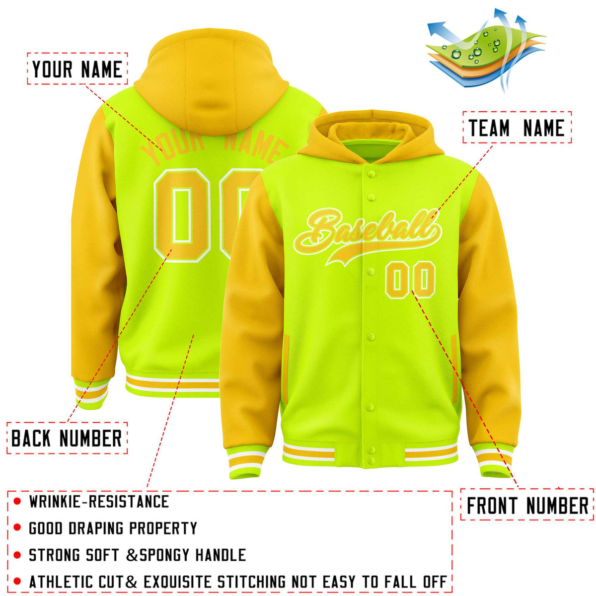 Custom Neon Green Gold Raglan Sleeves Varsity Full-Snap Letterman Two Tone Jacket Hoodie| KXKSHOP