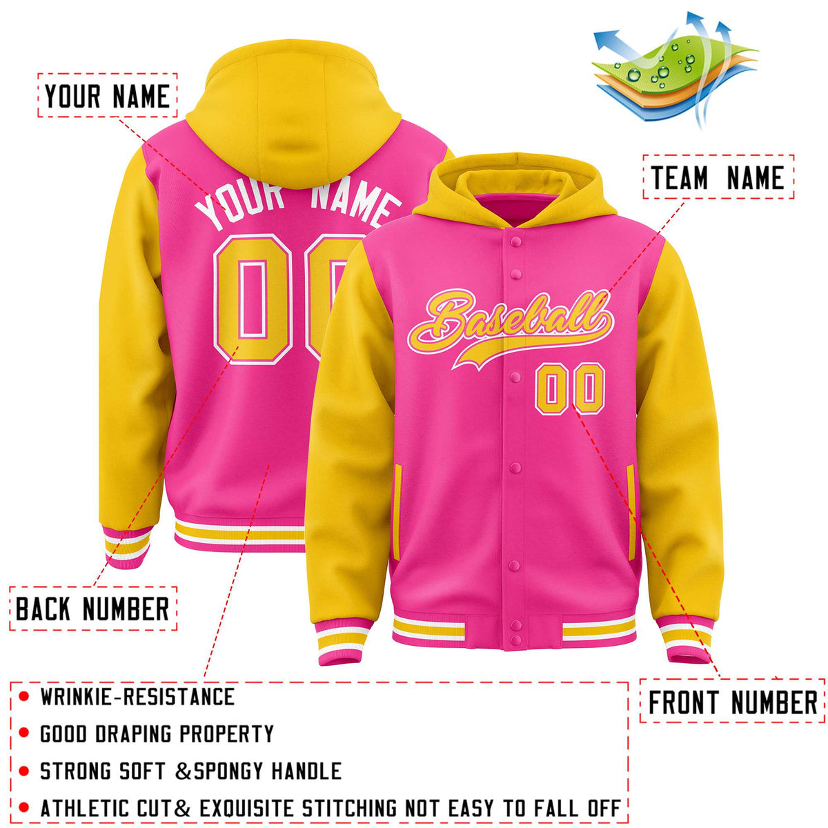 Custom Pink Gold Raglan Sleeves Varsity Full-Snap Letterman Two Tone Jacket Hoodie| KXKSHOP
