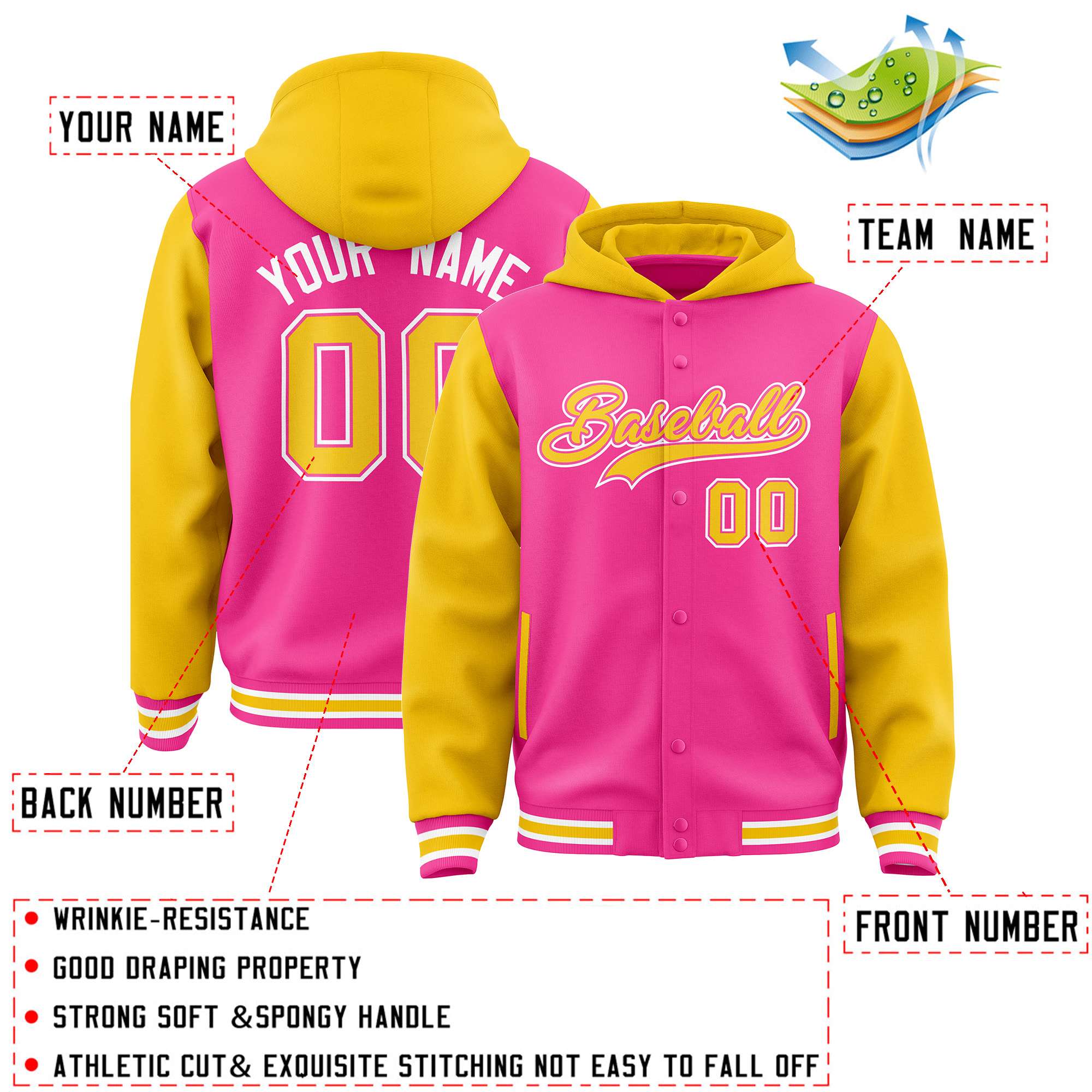 Custom Pink Gold Raglan Sleeves Varsity Full-Snap Letterman Two Tone Jacket Hoodie| KXKSHOP