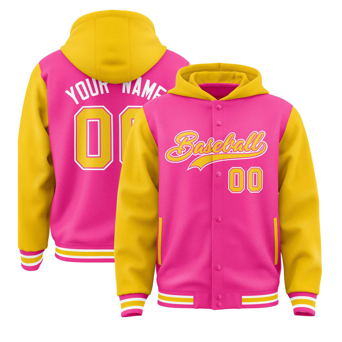 Custom Pink Gold Raglan Sleeves Varsity Full-Snap Letterman Two Tone Jacket Hoodie| KXKSHOP