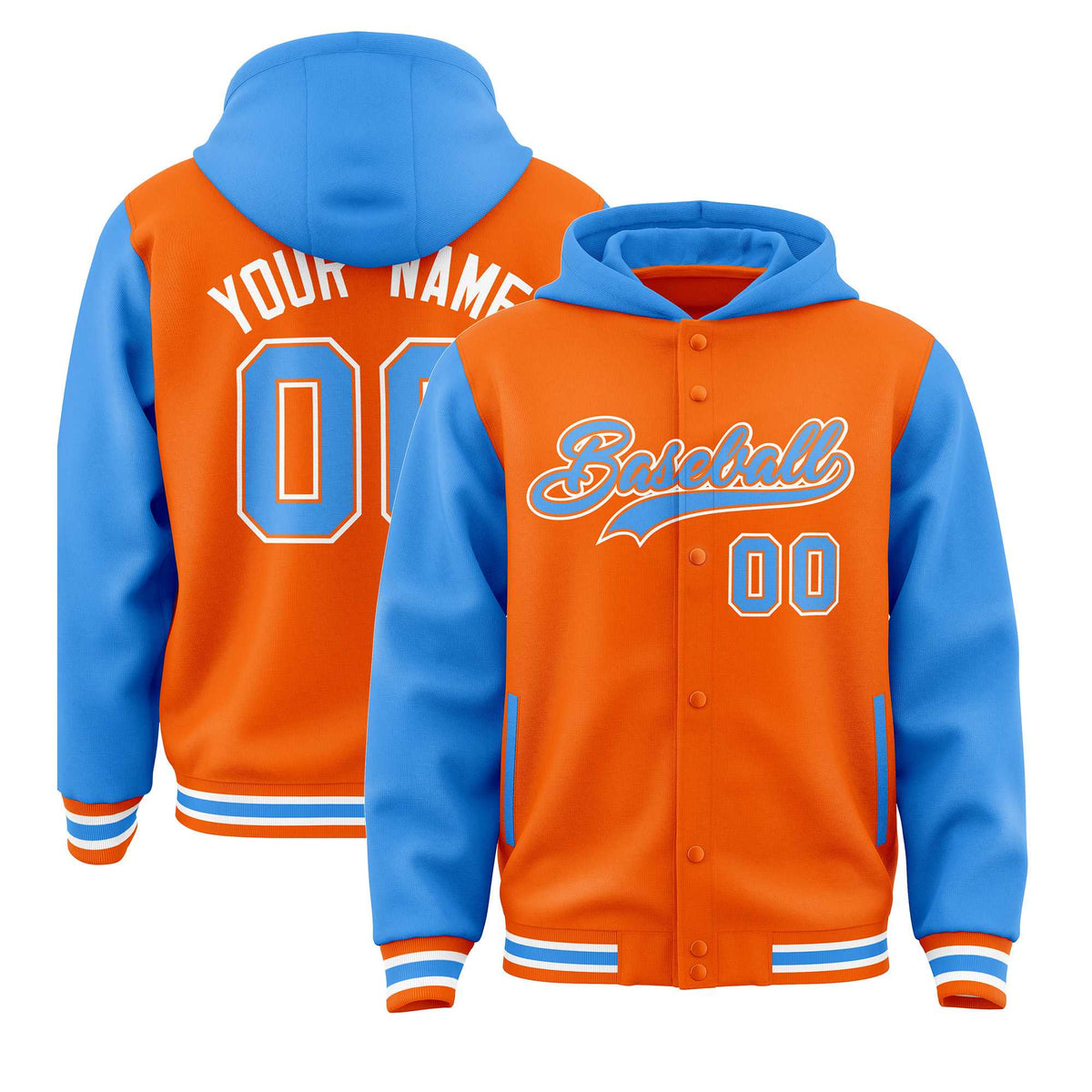 Custom Orange Powder Blue Raglan Sleeves Varsity Full-Snap Letterman Two Tone Jacket Hoodie| KXKSHOP