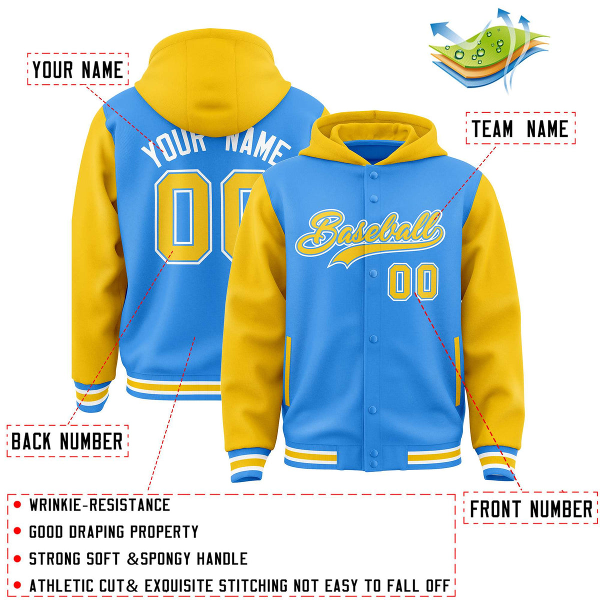 Custom Powder Blue Gold Raglan Sleeves Varsity Full-Snap Letterman Two Tone Jacket Hoodie| KXKSHOP