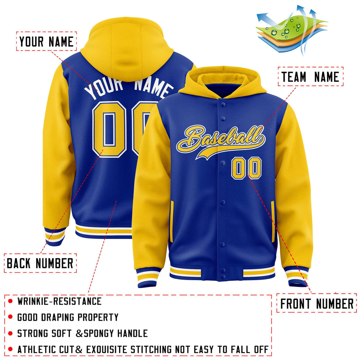 Custom Royal Gold Raglan Sleeves Varsity Full-Snap Letterman Two Tone Jacket Hoodie| KXKSHOP