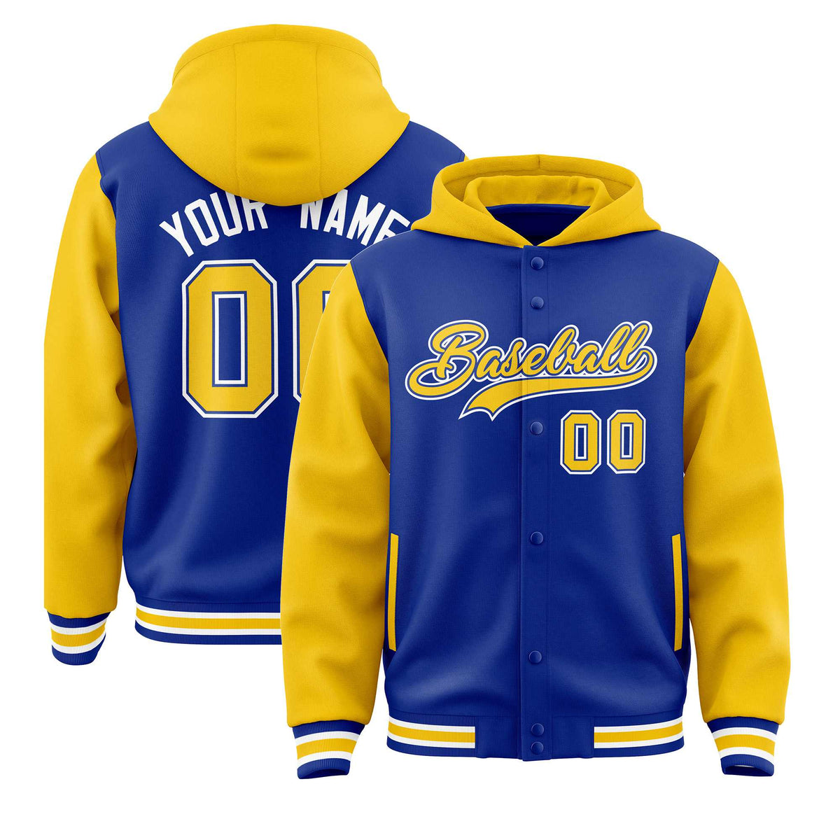 Custom Royal Gold Raglan Sleeves Varsity Full-Snap Letterman Two Tone Jacket Hoodie| KXKSHOP