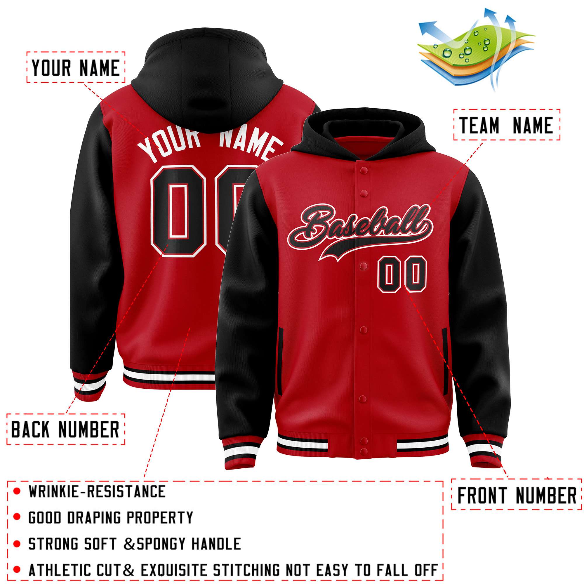 Custom Red Black Raglan Sleeves Varsity Full-Snap Letterman Two Tone Jacket Hoodie| KXKSHOP