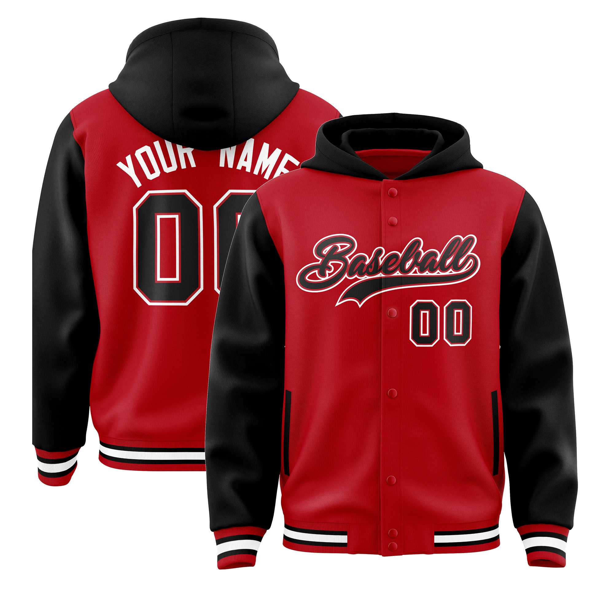 Custom Red Black Raglan Sleeves Varsity Full-Snap Letterman Two Tone Jacket Hoodie| KXKSHOP