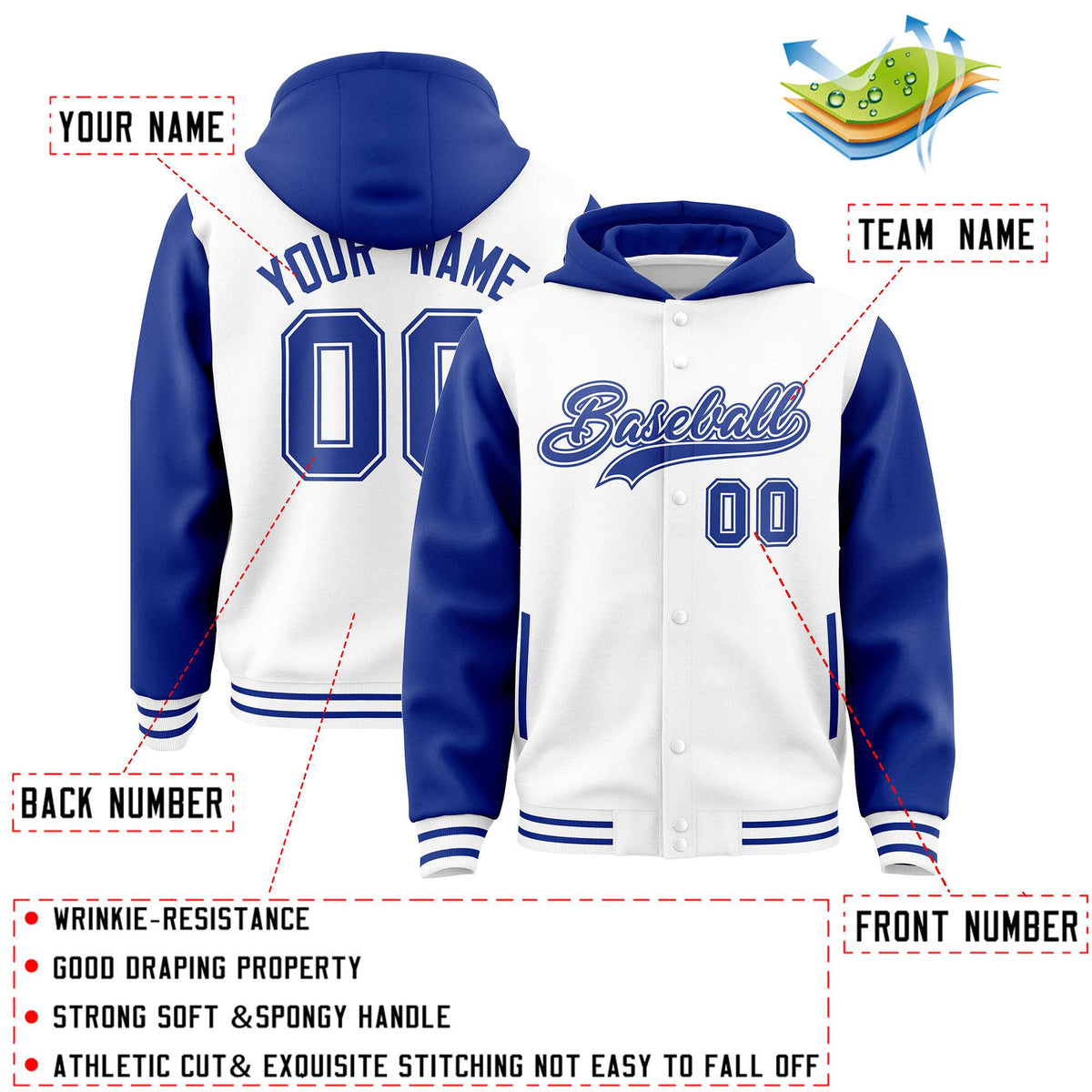 Custom White Royal Raglan Sleeves Varsity Full-Snap Letterman Two Tone Jacket Hoodie| KXKSHOP