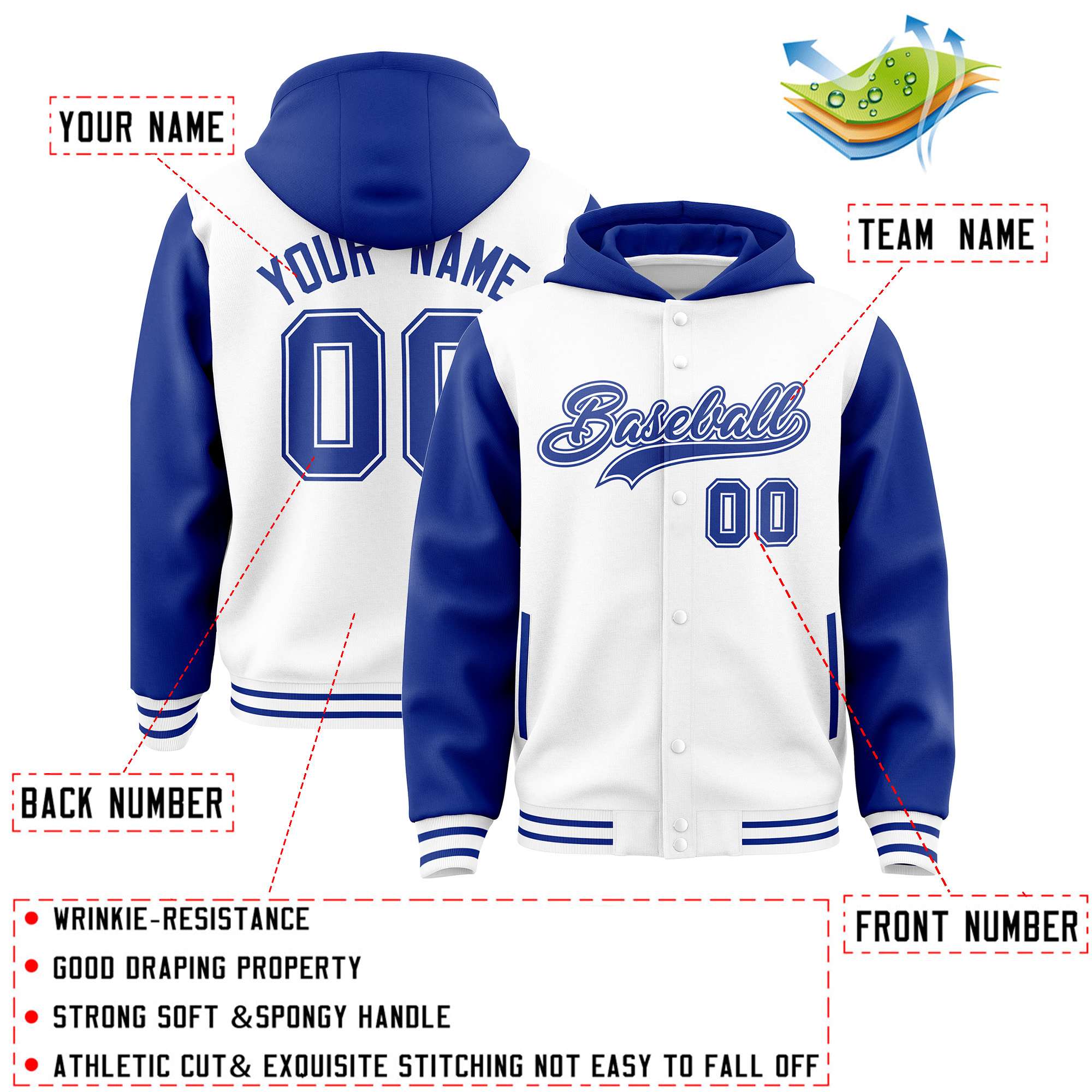 Custom White Royal Raglan Sleeves Varsity Full-Snap Letterman Two Tone Jacket Hoodie| KXKSHOP