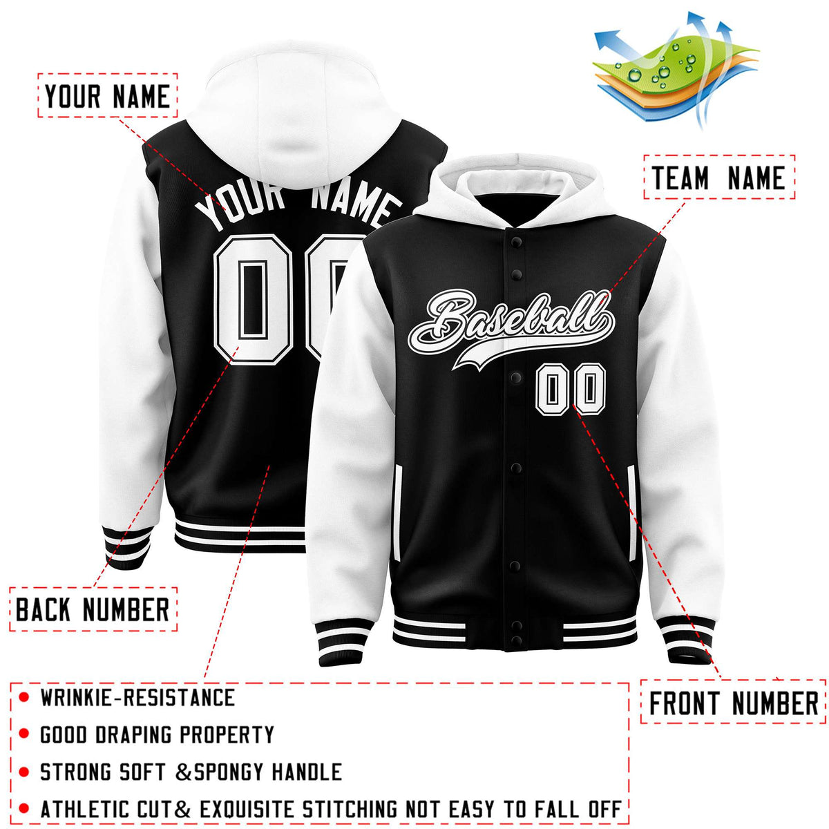 Custom Black White Raglan Sleeves Varsity Full-Snap Letterman Two Tone Jacket Hoodie| KXKSHOP