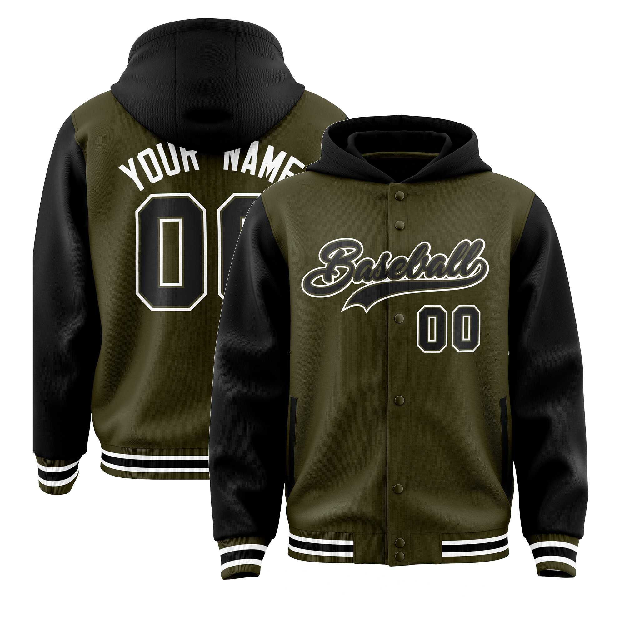 Custom Olive Black Raglan Sleeves Varsity Full-Snap Letterman Two Tone Jacket Hoodie| KXKSHOP