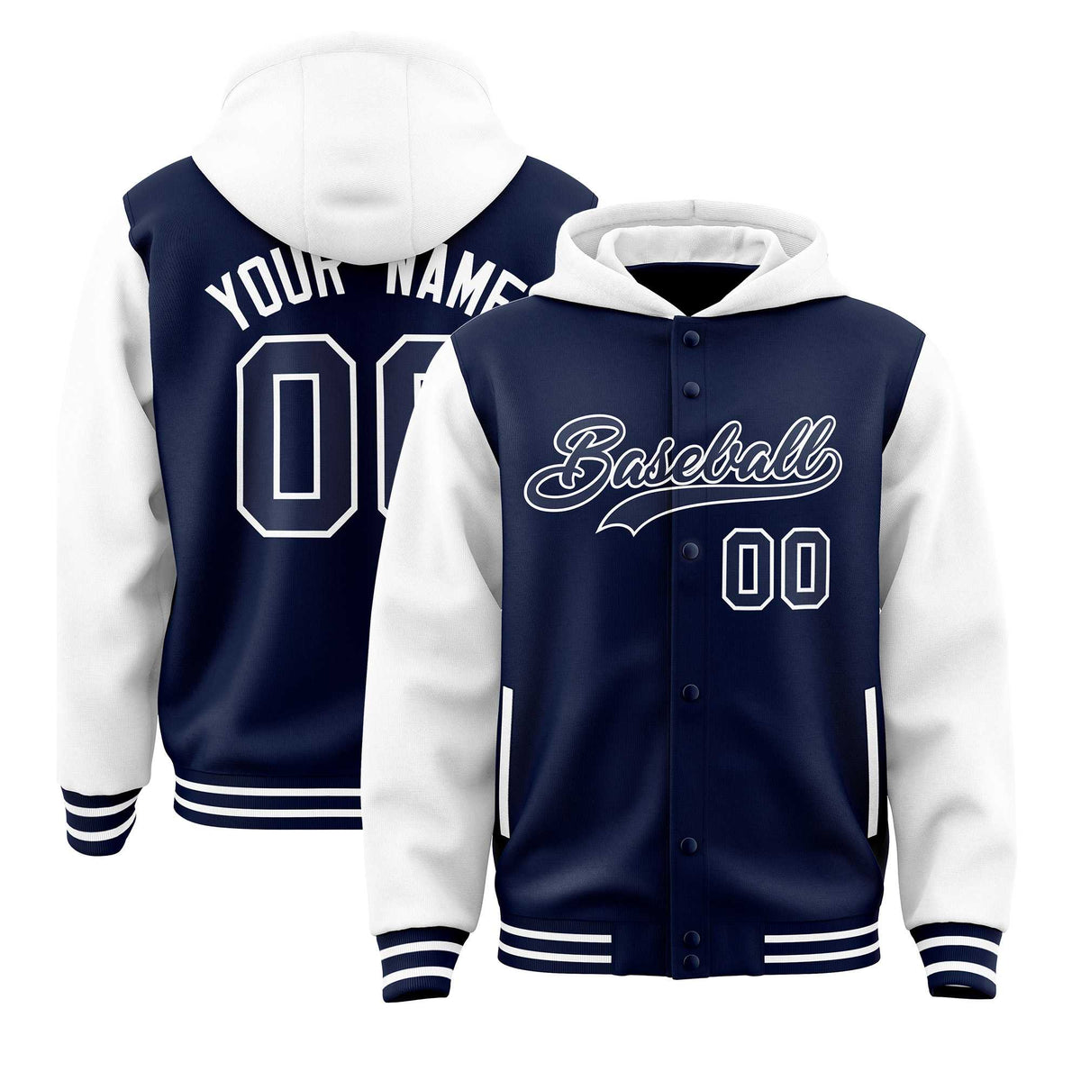 Custom Navy White Raglan Sleeves Varsity Full-Snap Letterman Two Tone Jacket Hoodie| KXKSHOP