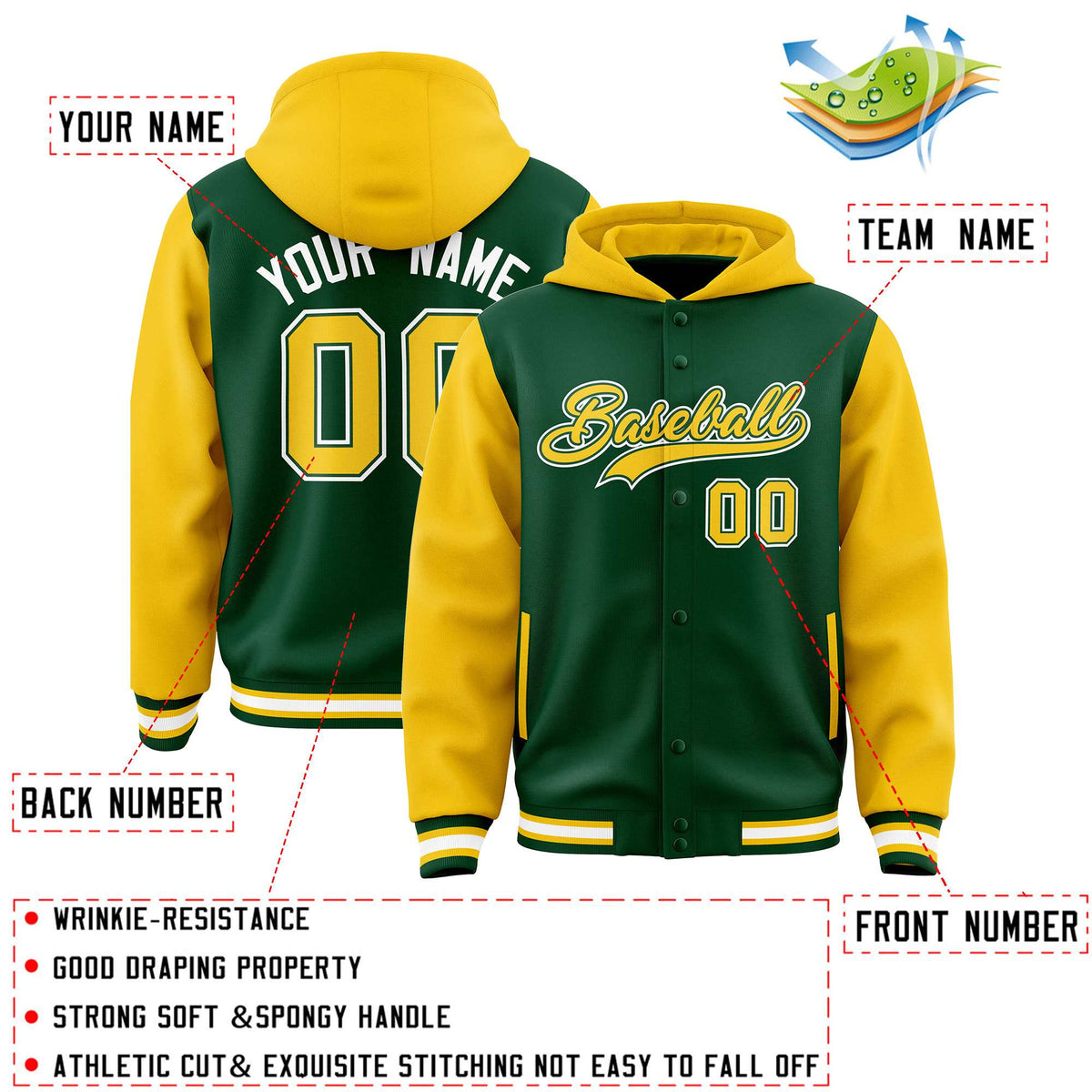 Custom Green Gold Raglan Sleeves Varsity Full-Snap Letterman Two Tone Jacket Hoodie| KXKSHOP