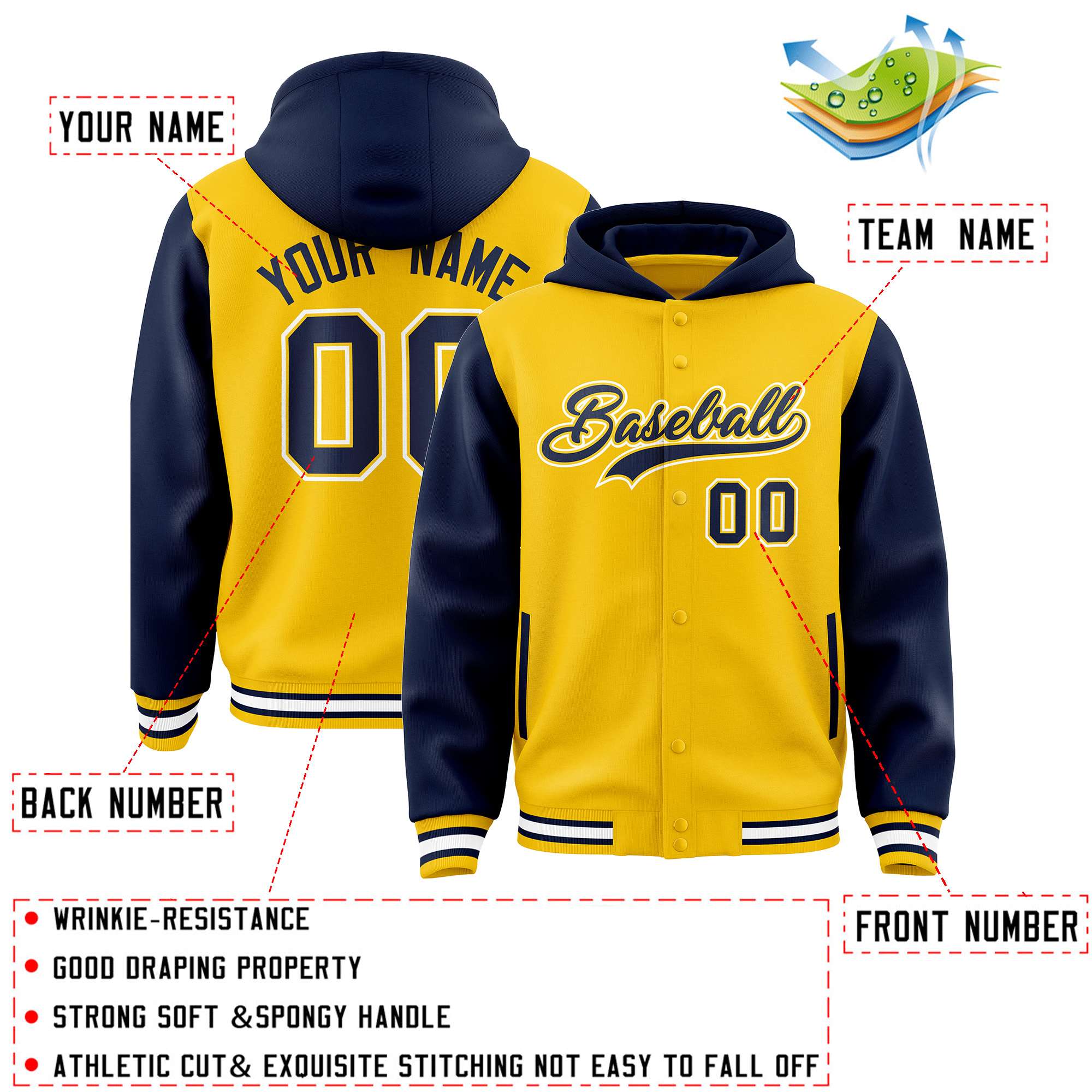 Custom Gold Navy Raglan Sleeves Varsity Full-Snap Letterman Two Tone Jacket Hoodie| KXKSHOP
