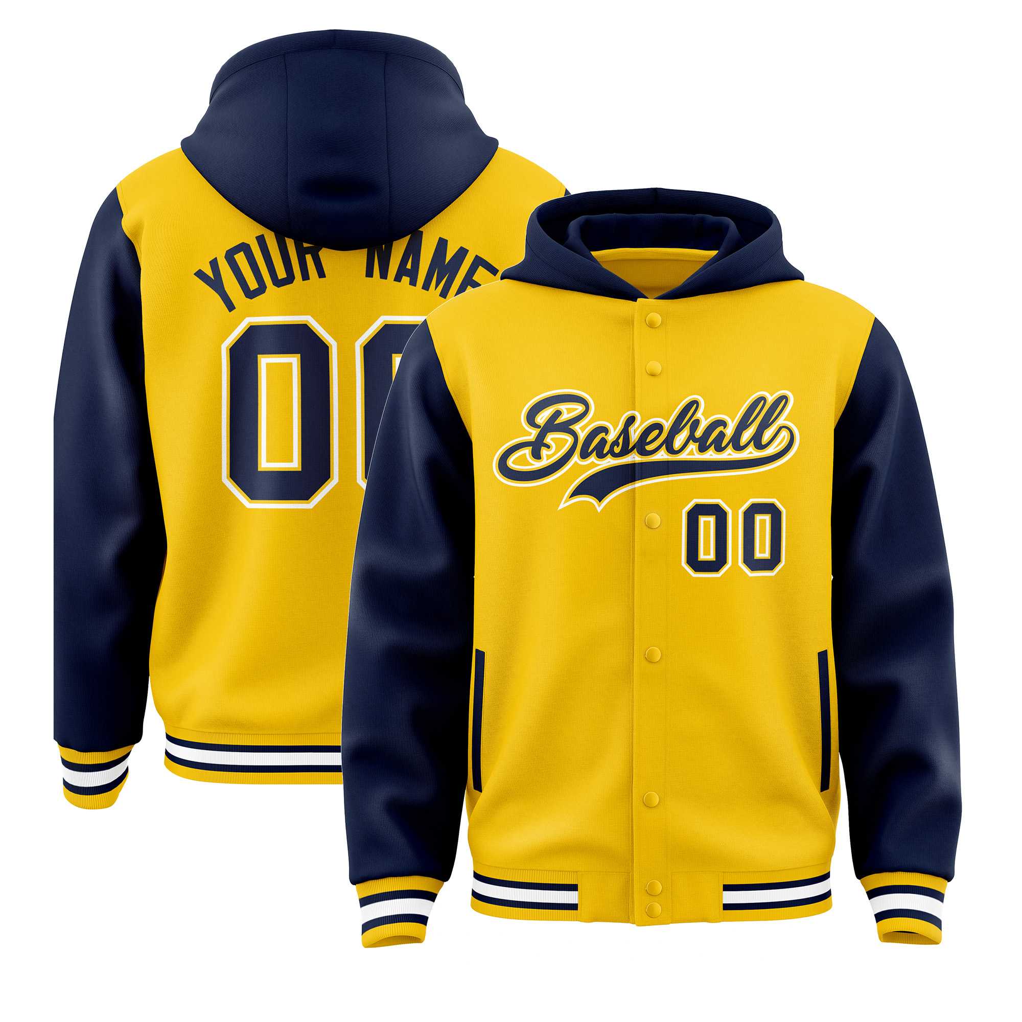 Custom Gold Navy Raglan Sleeves Varsity Full-Snap Letterman Two Tone Jacket Hoodie| KXKSHOP