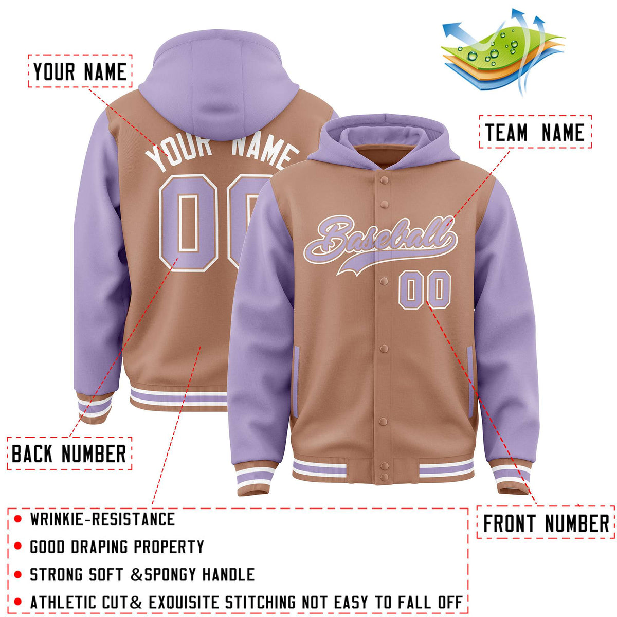 Custom Teabrown Light Purple Raglan Sleeves Varsity Full-Snap Letterman Two Tone Jacket Hoodie| KXKSHOP
