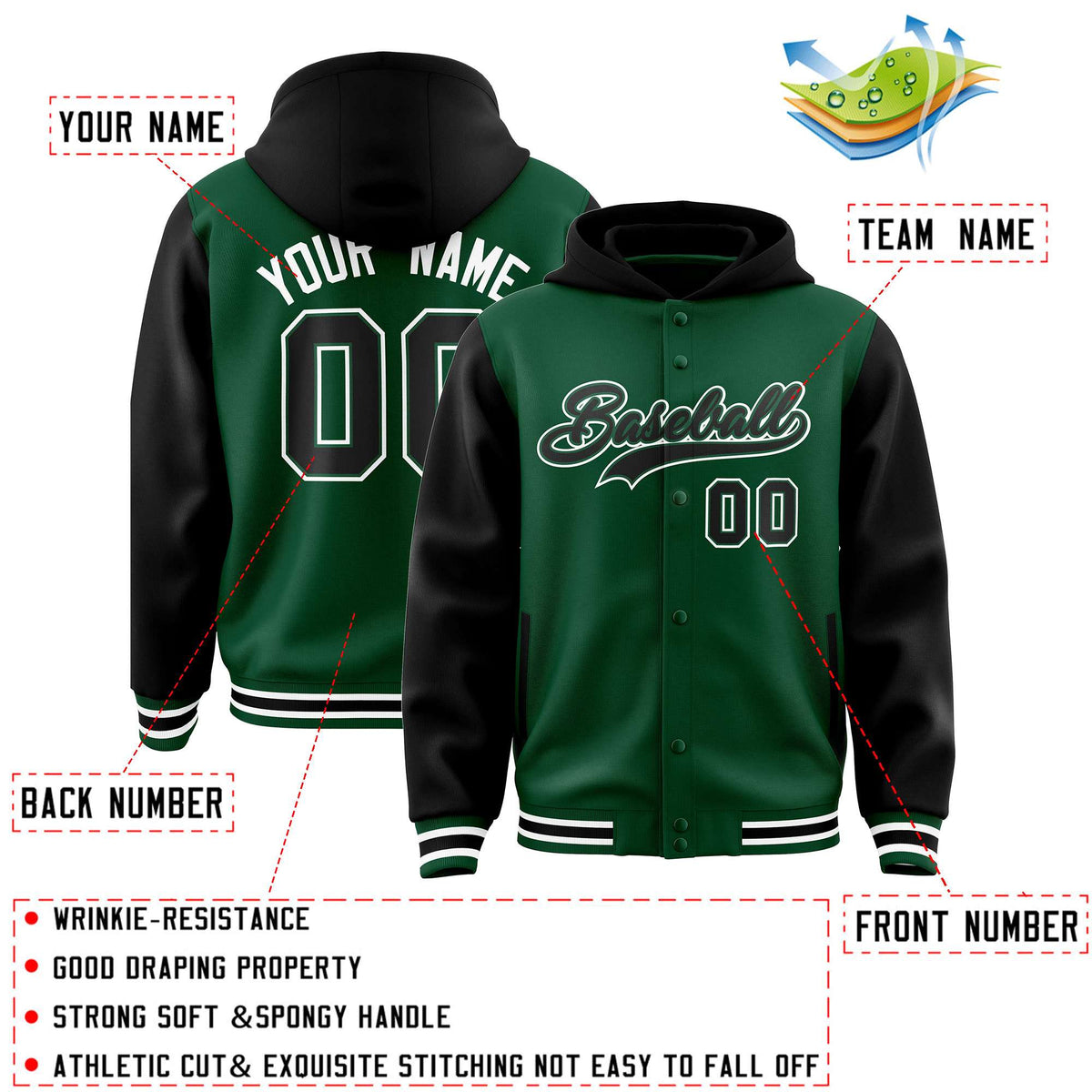 Custom Green Black Raglan Sleeves Varsity Full-Snap Letterman Two Tone Jacket Hoodie| KXKSHOP