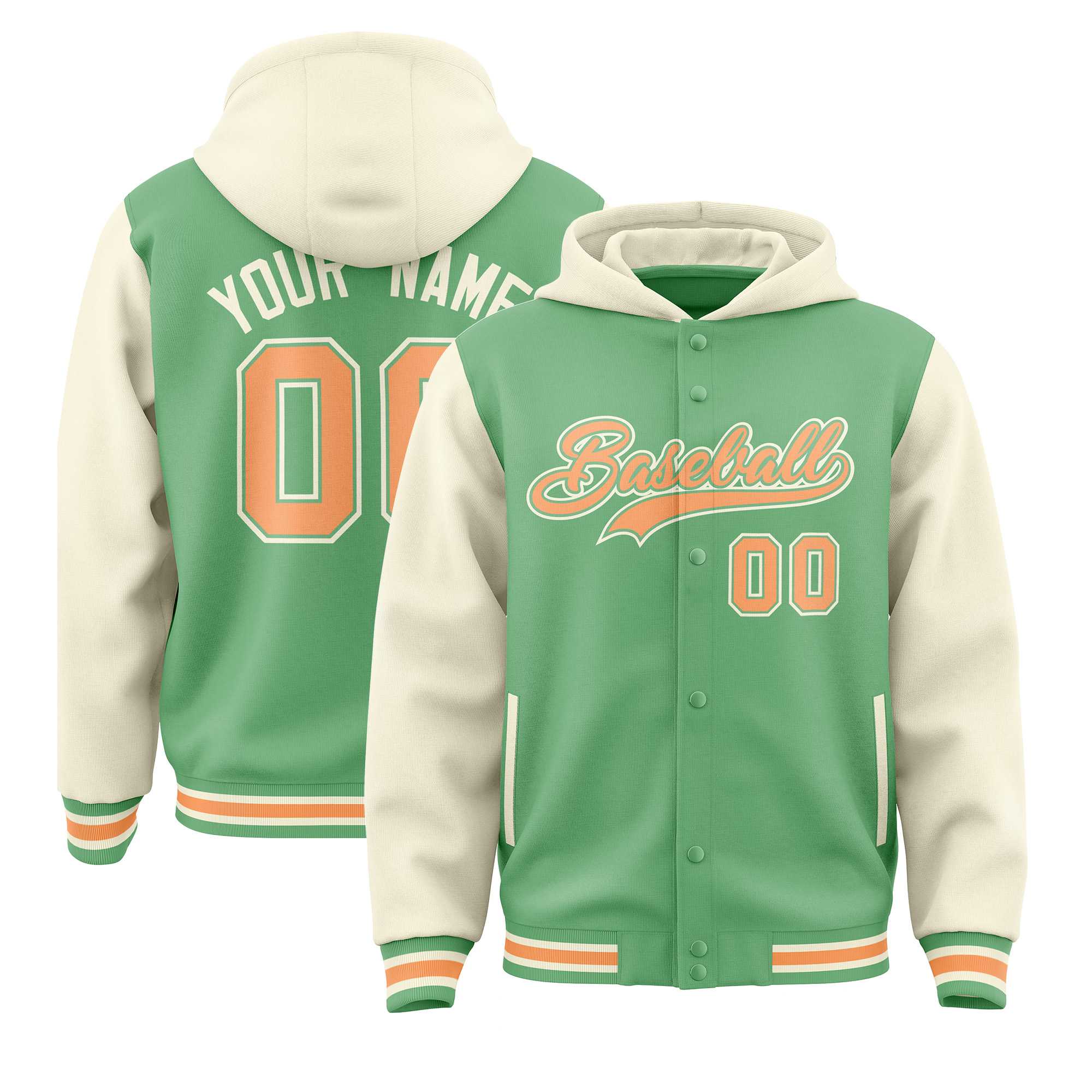 Custom Green Cream Raglan Sleeves Varsity Full-Snap Letterman Two Tone Jacket Hoodie| KXKSHOP