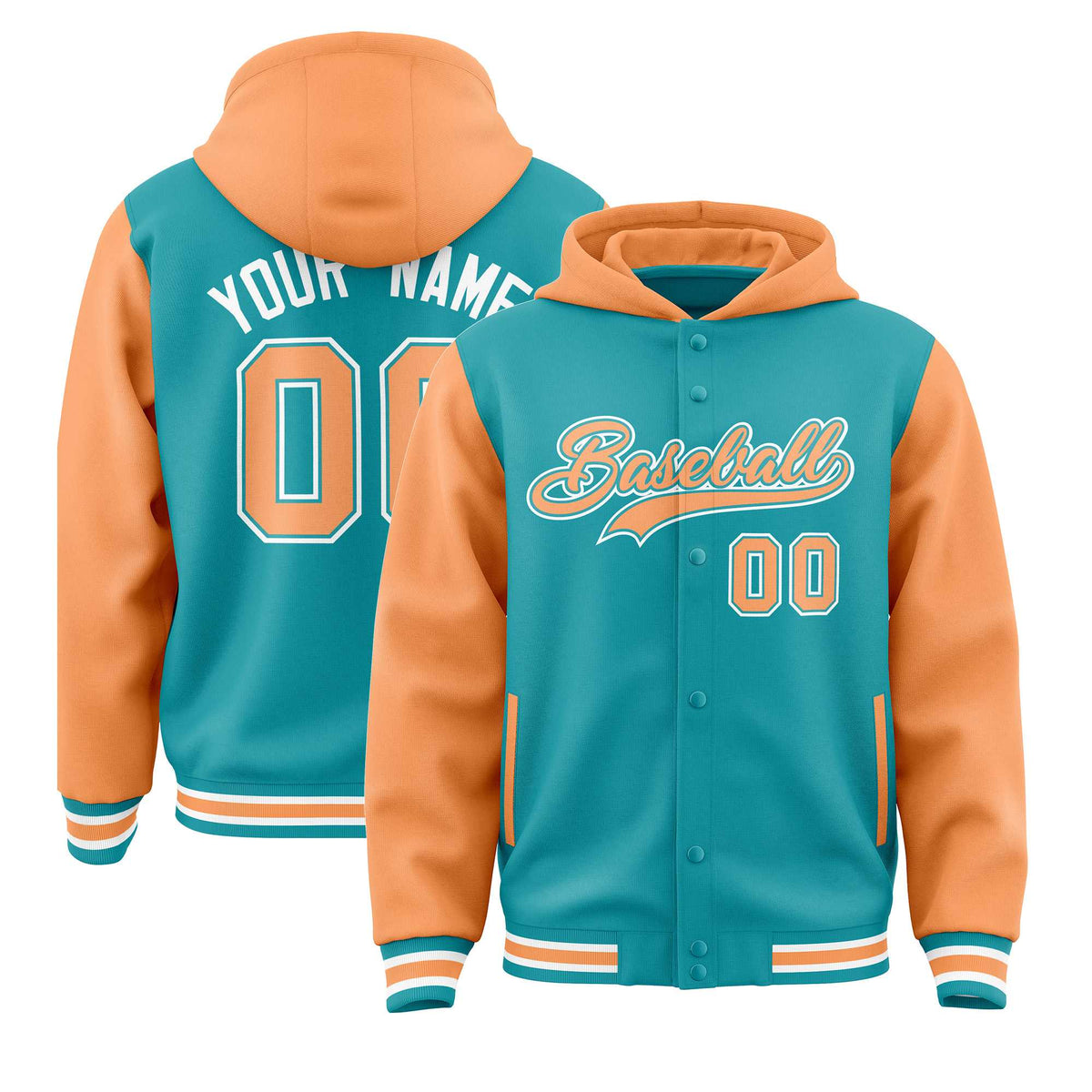 Custom Aqua Orange Raglan Sleeves Varsity Full-Snap Letterman Two Tone Jacket Hoodie| KXKSHOP