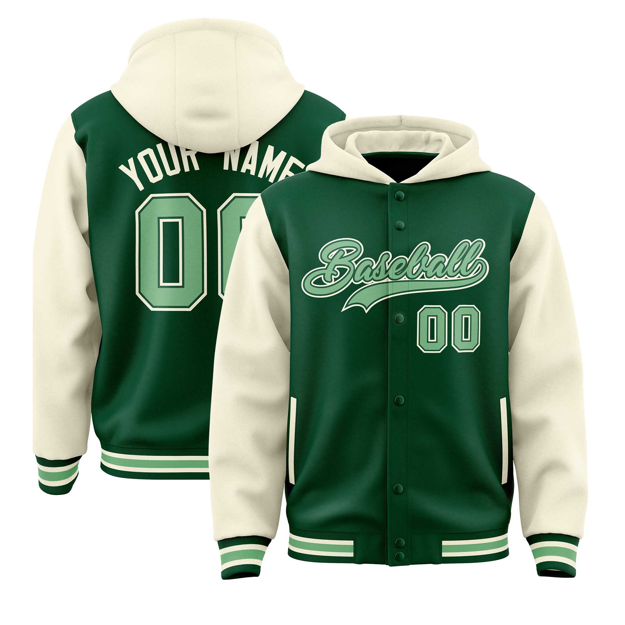 Custom Green Cream Raglan Sleeves Varsity Full-Snap Letterman Two Tone Jacket Hoodie| KXKSHOP
